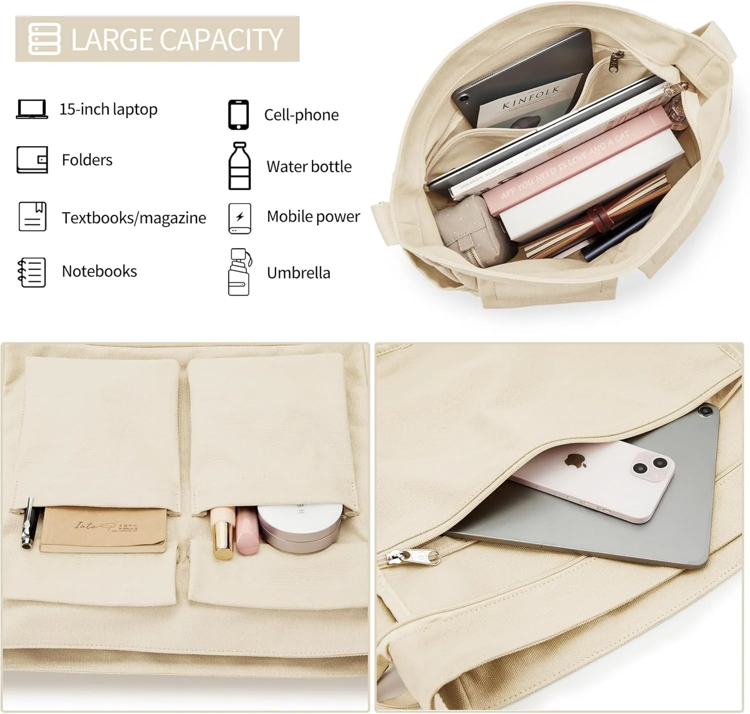 KALIDI Canvas Tote Bag Messenger Bag, Large Crossbody Bag for Women or Men, Casual Canvas Shoulder Bag for College Work Daily