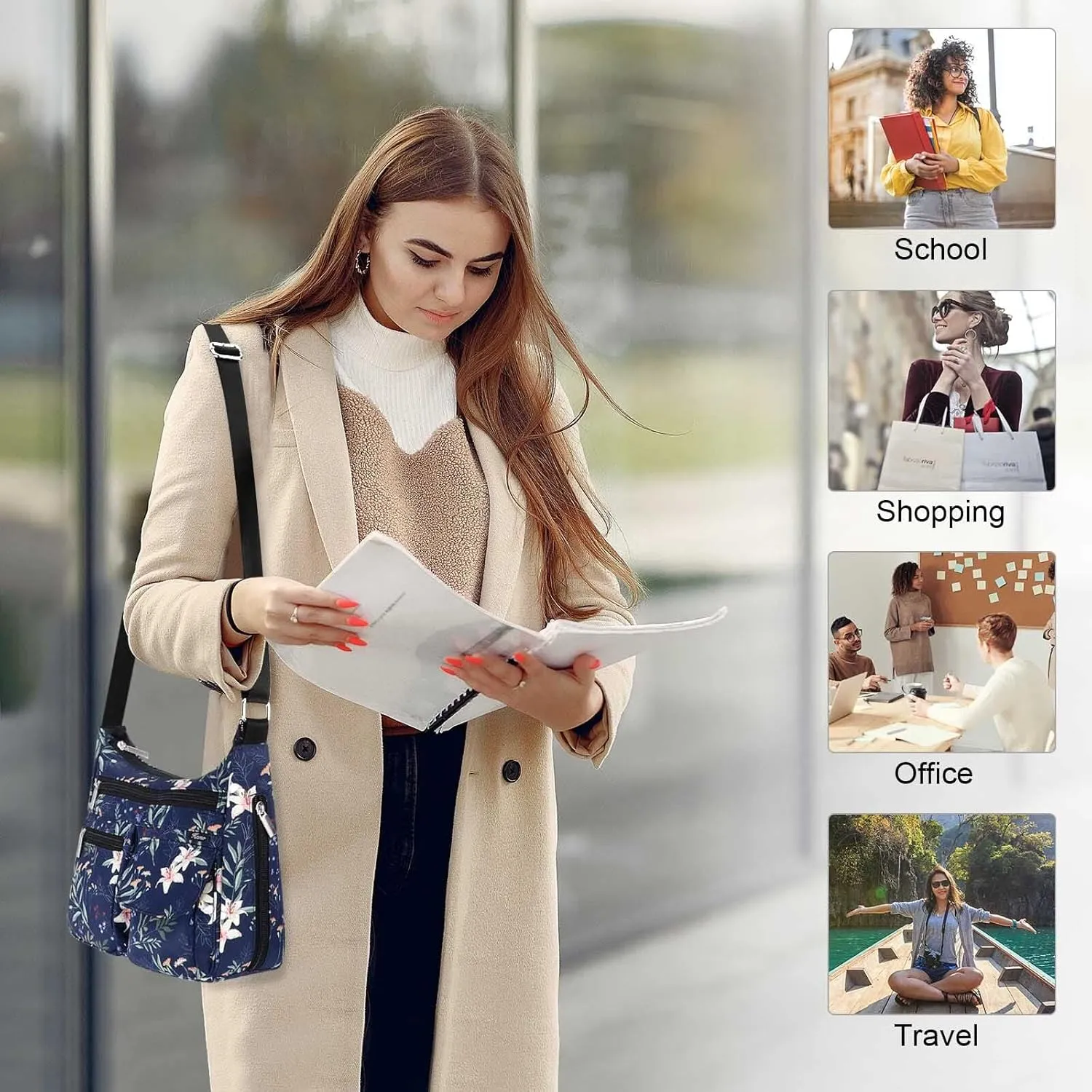 Kamo Crossbody for Women - Multi-pocket Shoulder Lightweight Messenger Casual Printed Purse Handbag Travel Bag