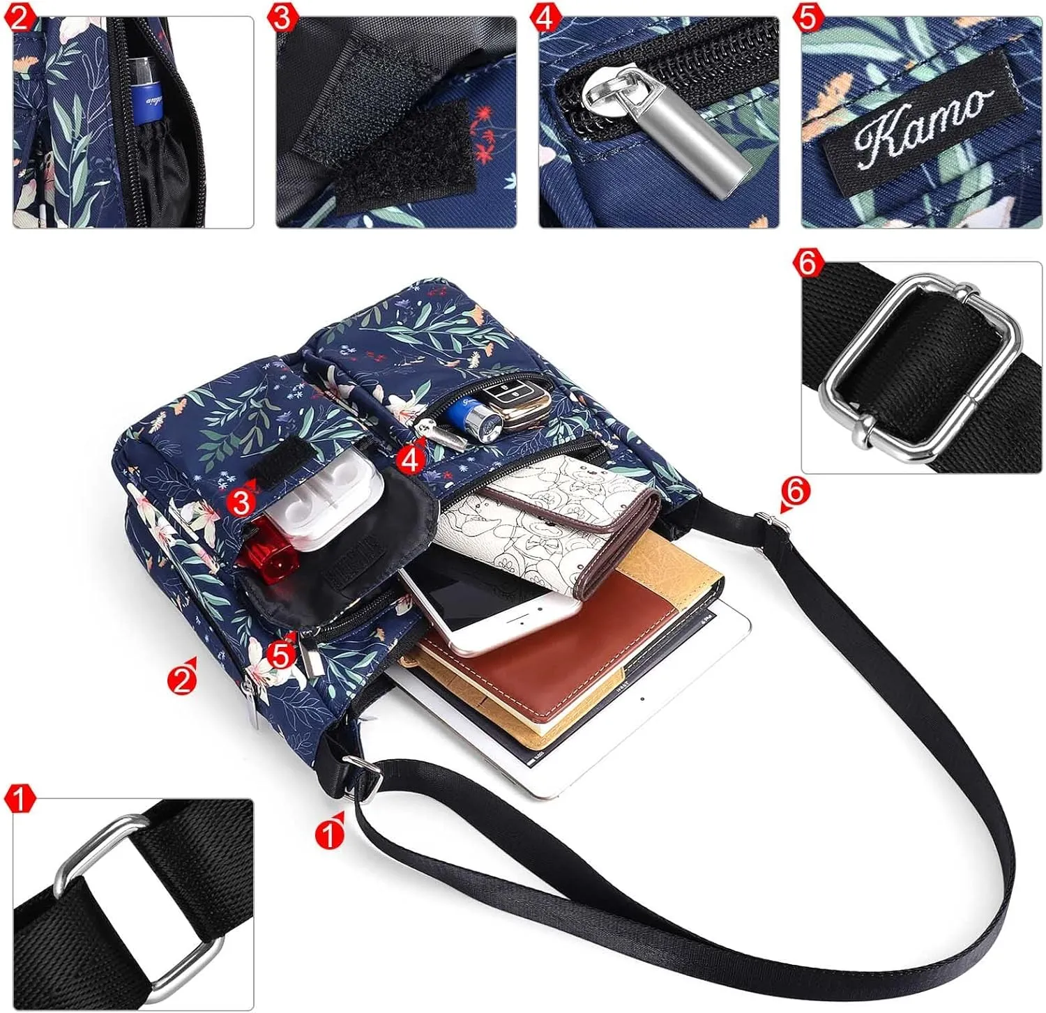 Kamo Crossbody for Women - Multi-pocket Shoulder Lightweight Messenger Casual Printed Purse Handbag Travel Bag