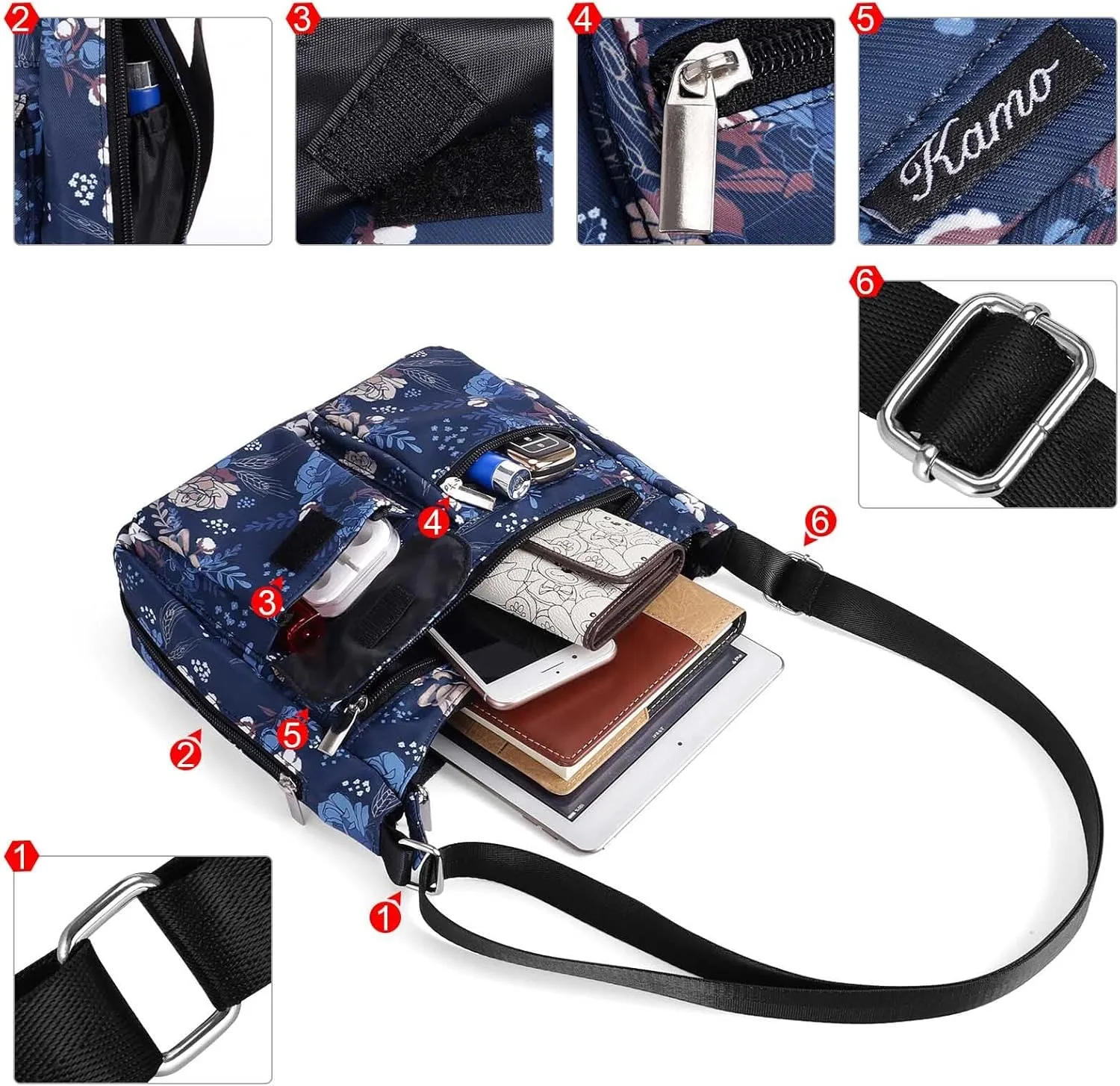 Kamo Crossbody for Women - Multi-pocket Shoulder Lightweight Messenger Casual Printed Purse Handbag Travel Bag