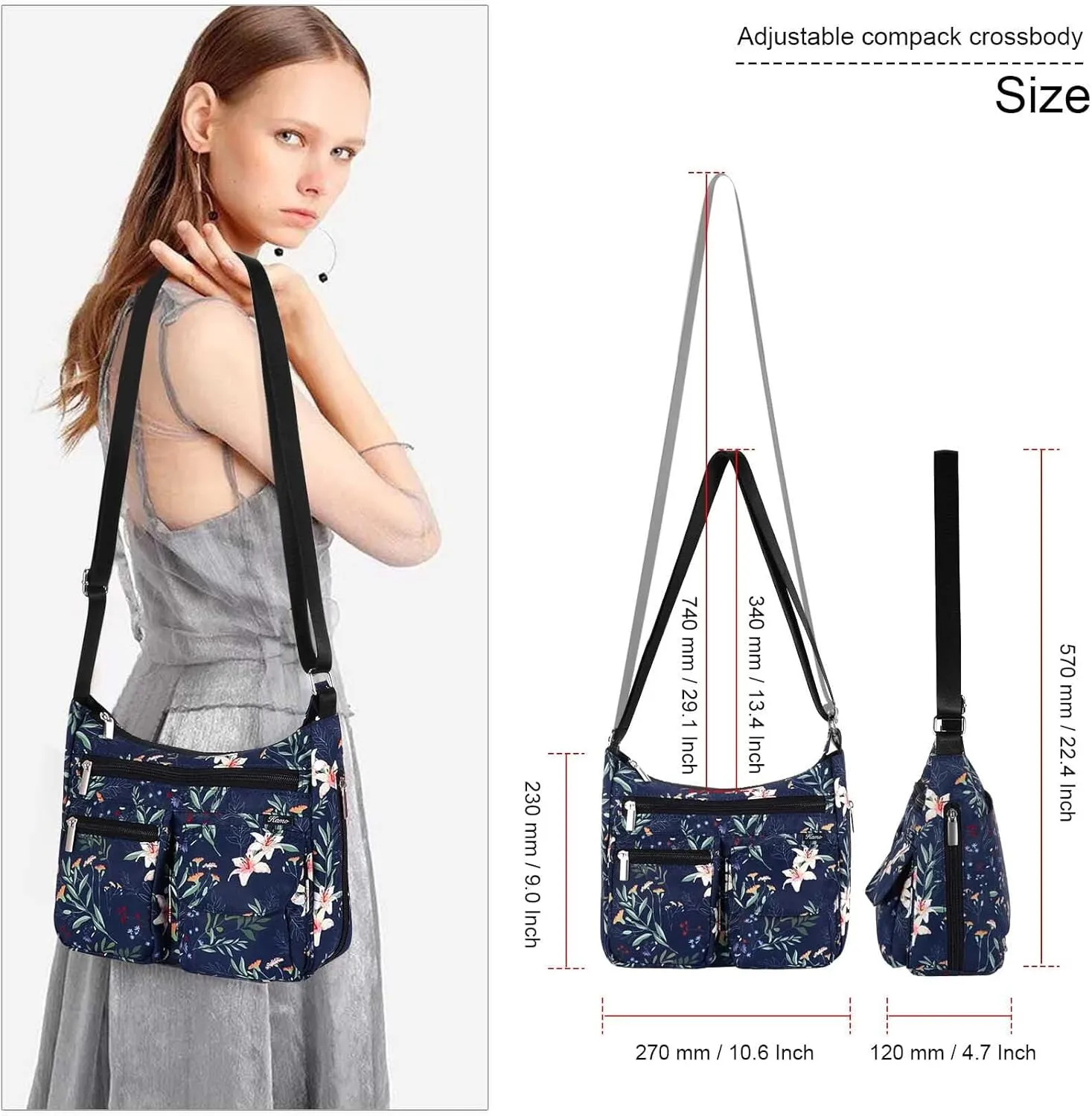 Kamo Crossbody for Women - Multi-pocket Shoulder Lightweight Messenger Casual Printed Purse Handbag Travel Bag