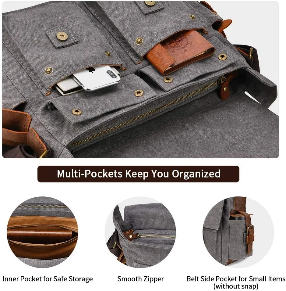 Kattee Military Messenger Bag Canvas Leather Shoulder Bag Fits 14.7/15.6 Inch Laptop