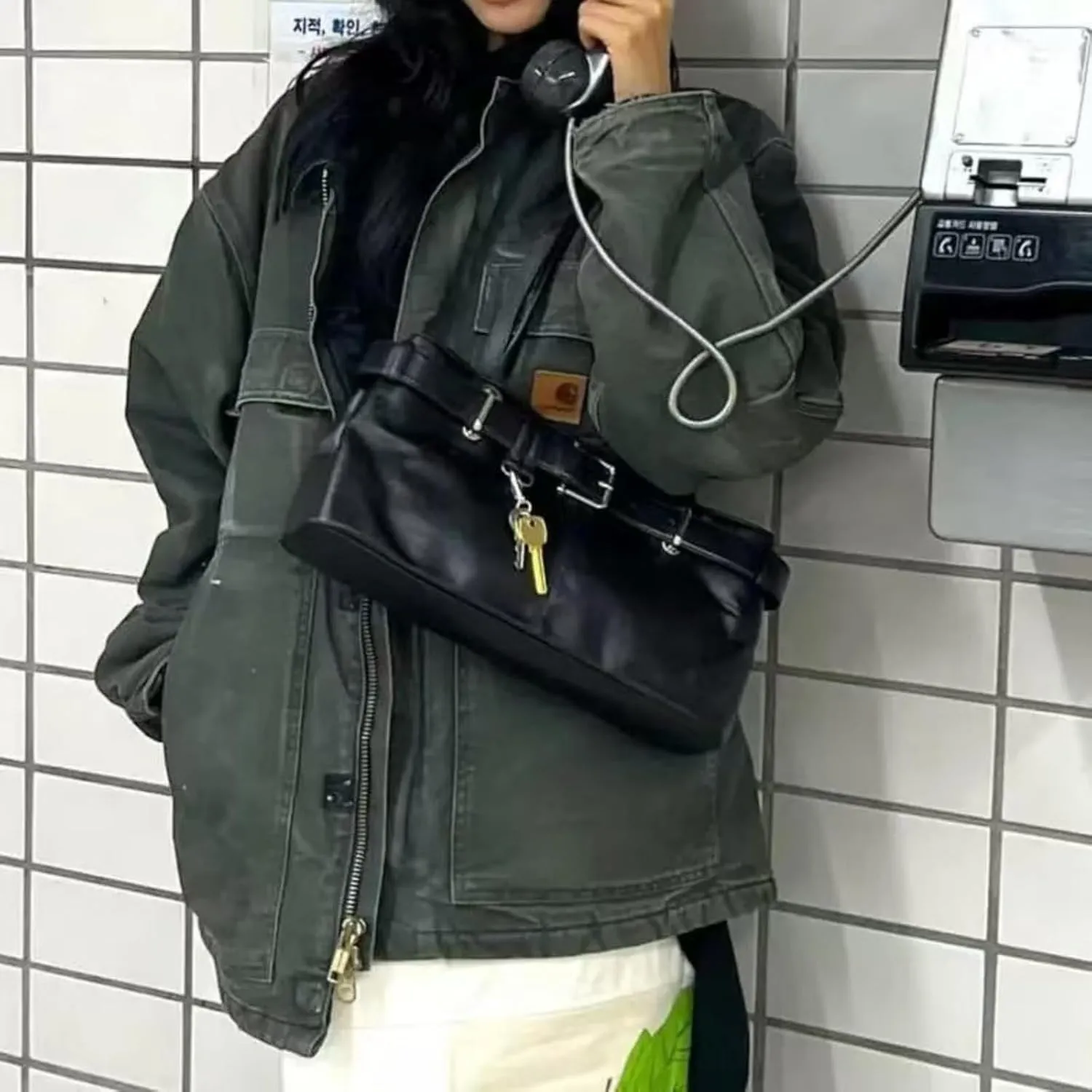 Key Chain Shoulder Bag Y2k Belted Handbag Faux Leather Grunge Purse for Women Top Handle Bag 2000s Streetwear