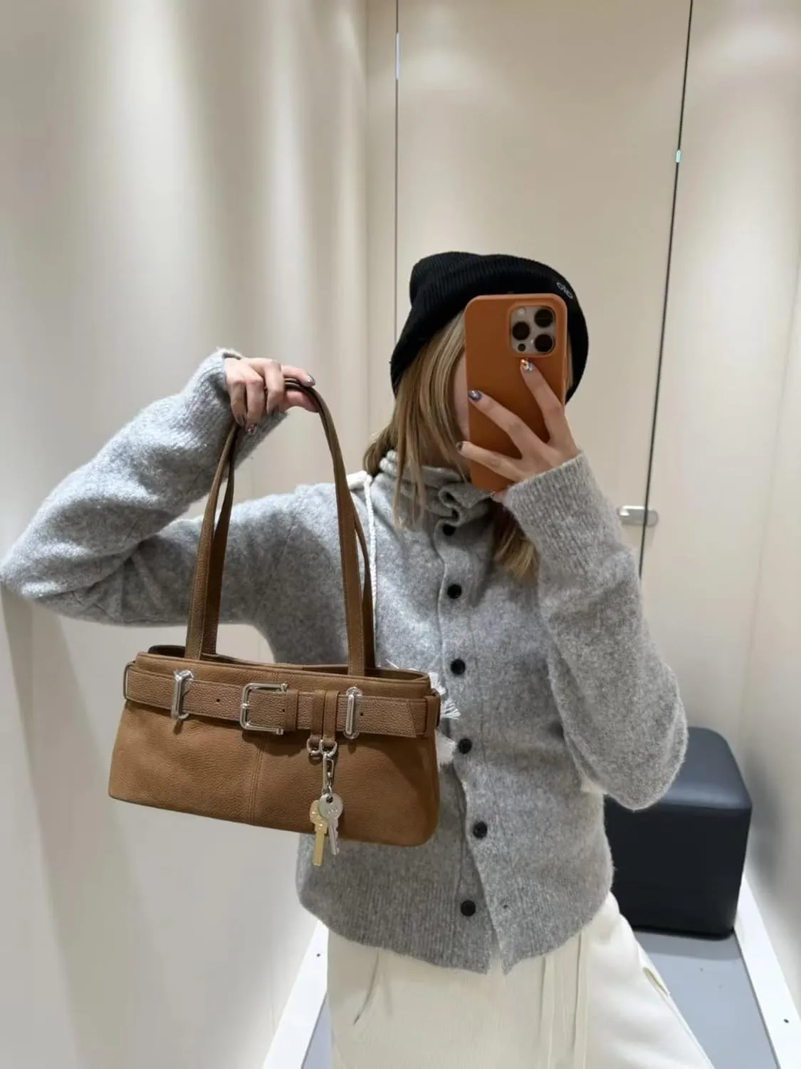 Key Chain Shoulder Bag Y2k Belted Handbag Faux Leather Grunge Purse for Women Top Handle Bag 2000s Streetwear