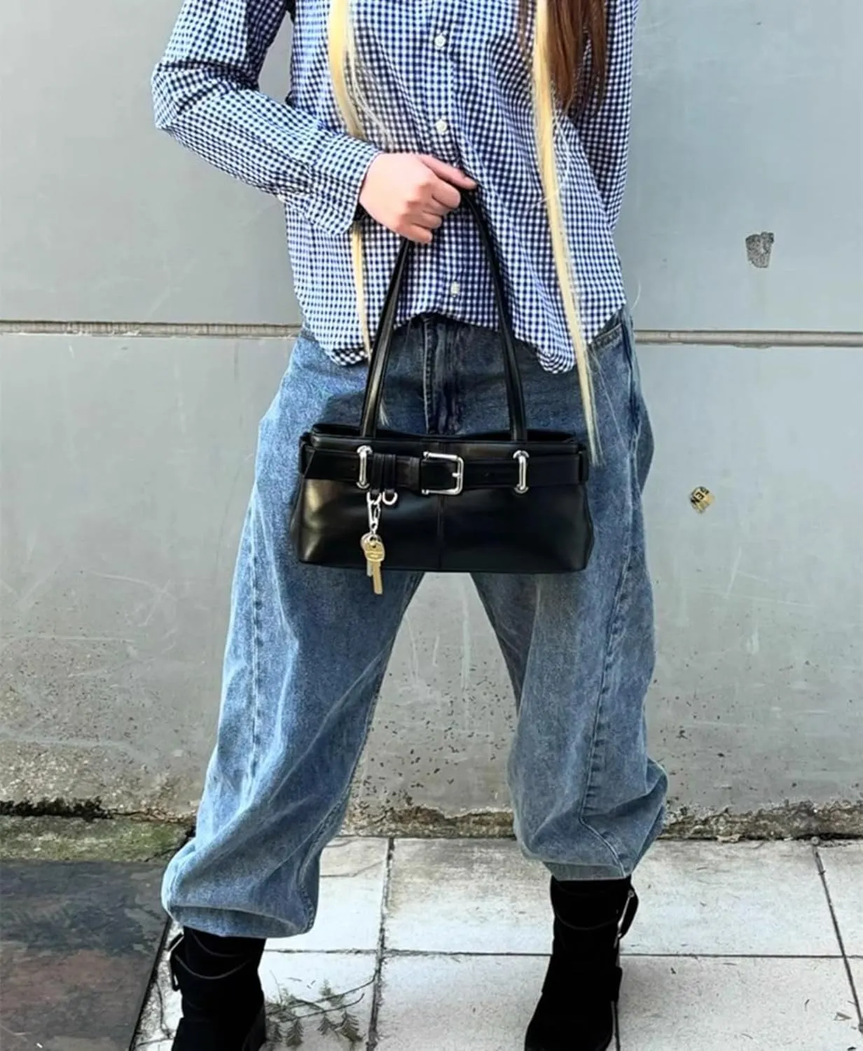 Key Chain Shoulder Bag Y2k Belted Handbag Faux Leather Grunge Purse for Women Top Handle Bag 2000s Streetwear