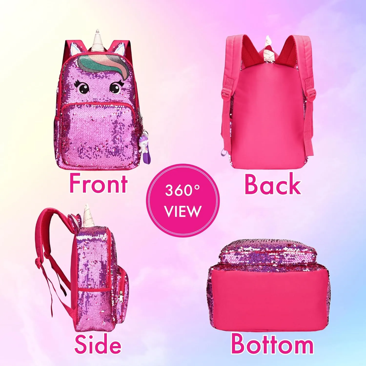 Kids Enchanting Unicorn Flip Sequin Backpack for Little Girls Age 6-8-9-10 Years Old- Sparkling Glitter Fashion Book Bag for School, Travel, Birthday (Berry Unicorn)