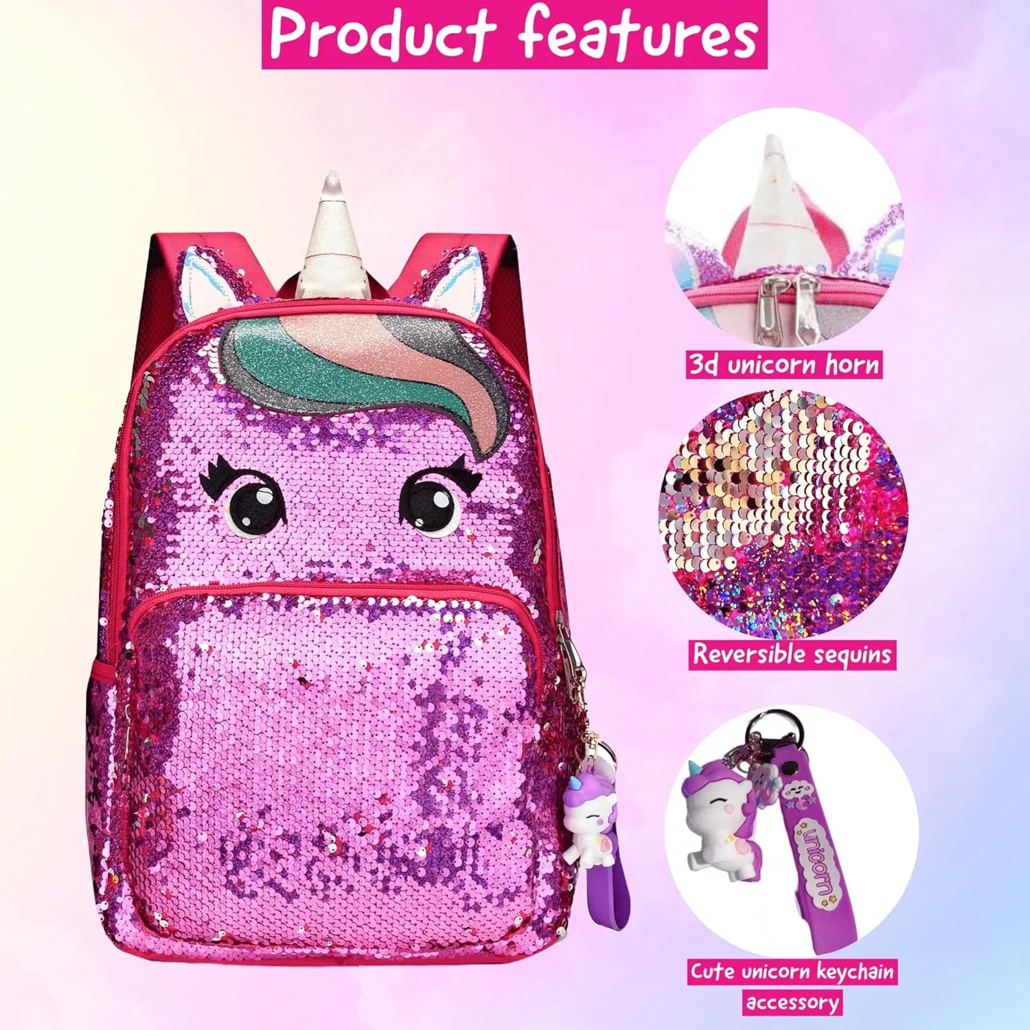 Kids Enchanting Unicorn Flip Sequin Backpack for Little Girls Age 6-8-9-10 Years Old- Sparkling Glitter Fashion Book Bag for School, Travel, Birthday (Berry Unicorn)