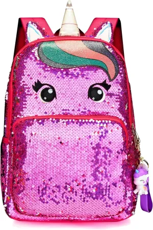 Kids Enchanting Unicorn Flip Sequin Backpack for Little Girls Age 6-8-9-10 Years Old- Sparkling Glitter Fashion Book Bag for School, Travel, Birthday (Berry Unicorn)