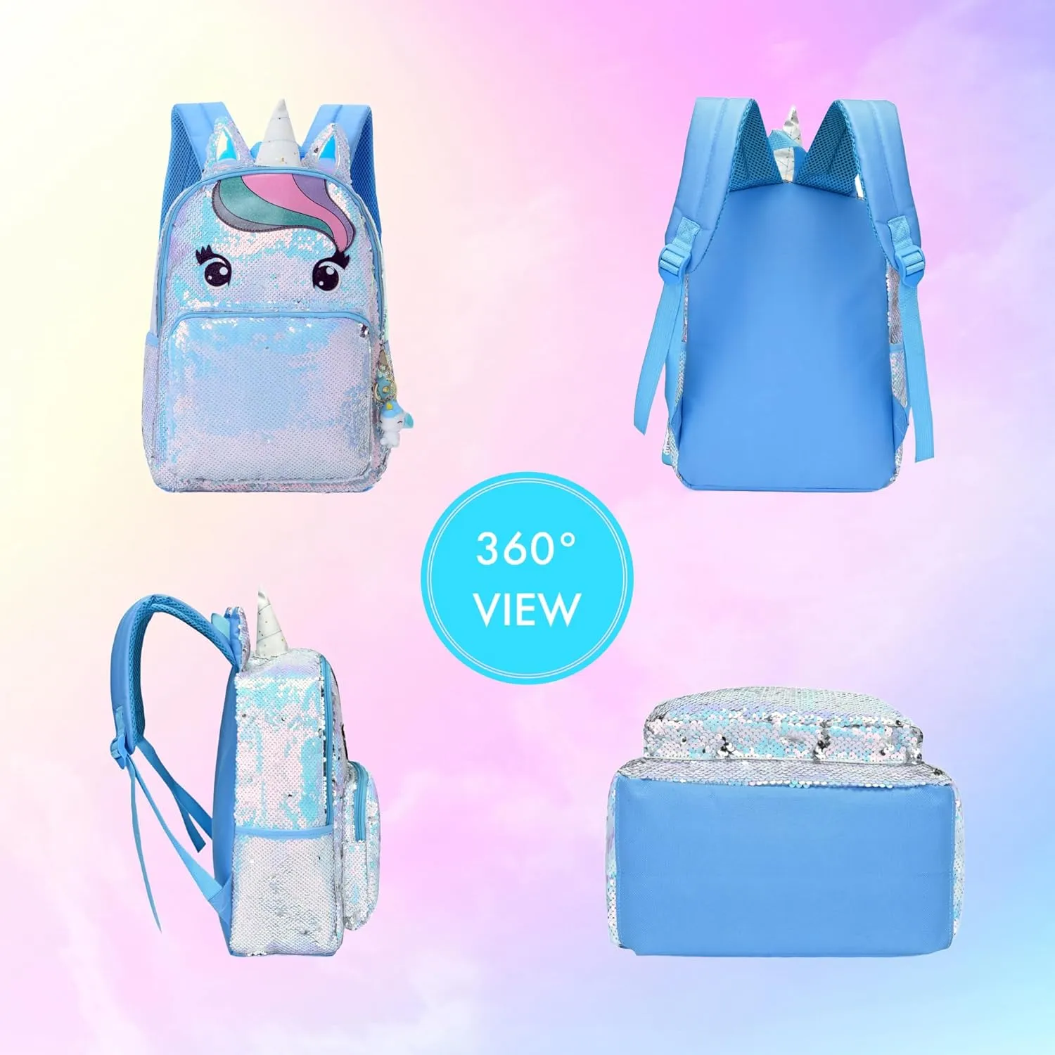 Kids Enchanting Unicorn Flip Sequin Backpack for Little Girls Age 6-8-9-10 Years Old- Sparkling Glitter Fashion Book Bag for School, Travel, Birthday (Blue Unicorn)