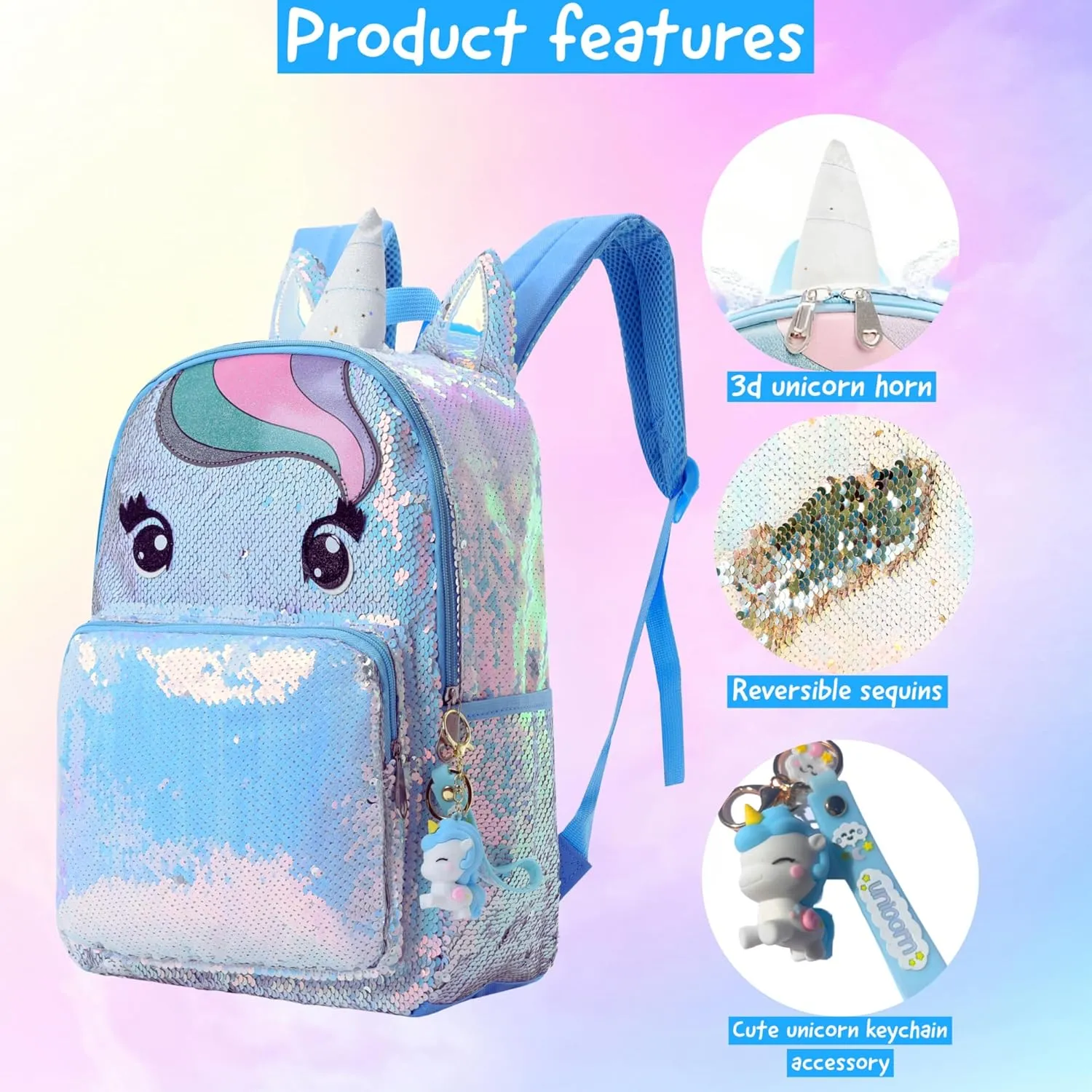 Kids Enchanting Unicorn Flip Sequin Backpack for Little Girls Age 6-8-9-10 Years Old- Sparkling Glitter Fashion Book Bag for School, Travel, Birthday (Blue Unicorn)