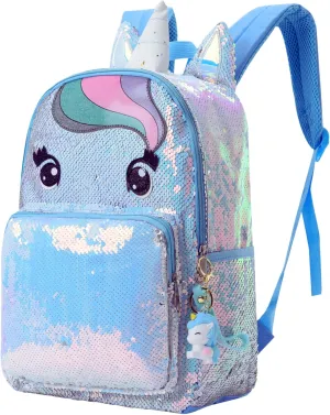 Kids Enchanting Unicorn Flip Sequin Backpack for Little Girls Age 6-8-9-10 Years Old- Sparkling Glitter Fashion Book Bag for School, Travel, Birthday (Blue Unicorn)