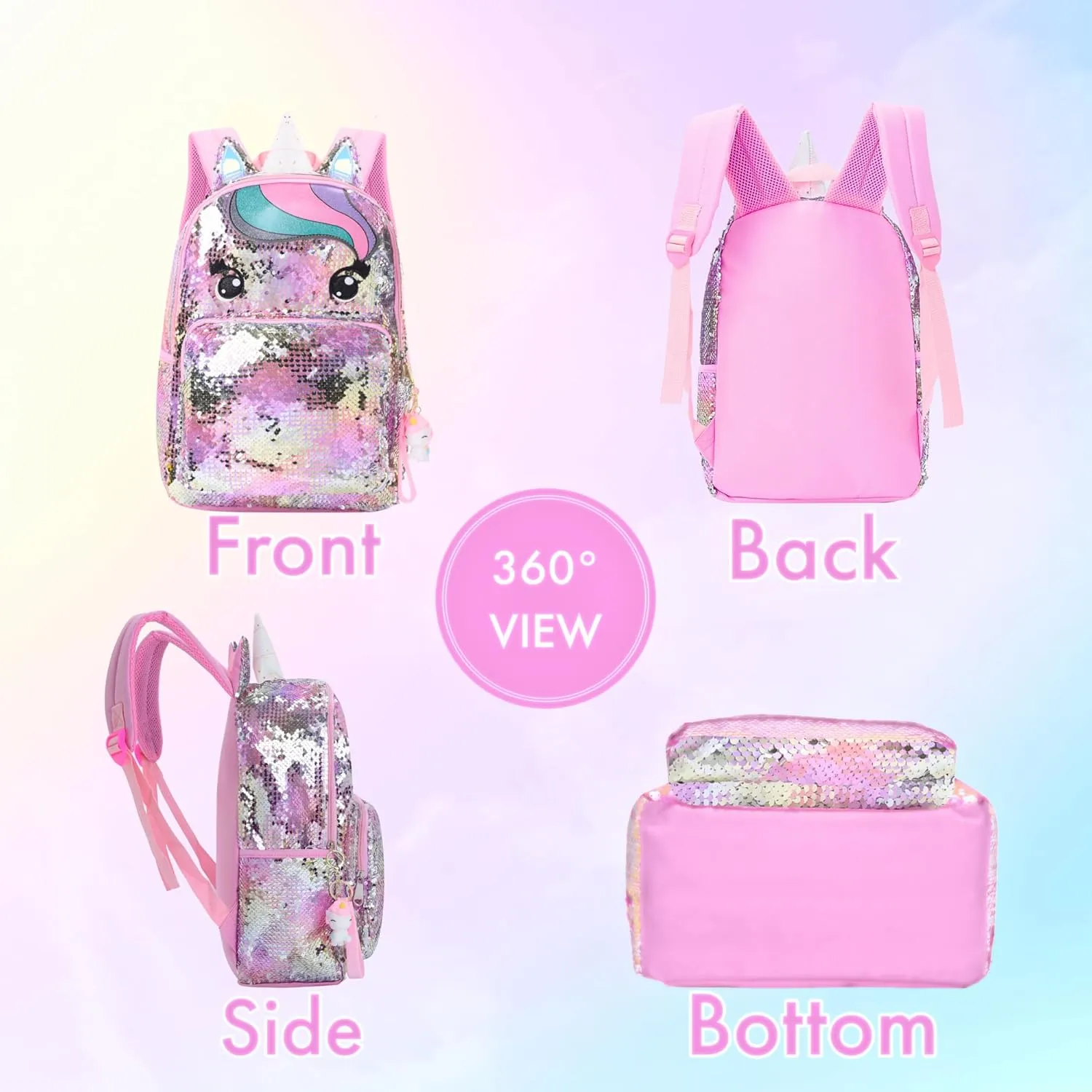 Kids Enchanting Unicorn Flip Sequin Backpack for Little Girls Age 6-8-9-10 Years Old- Sparkling Glitter Fashion Book Bag for School, Travel, Birthday (Rainbow Unicorn)