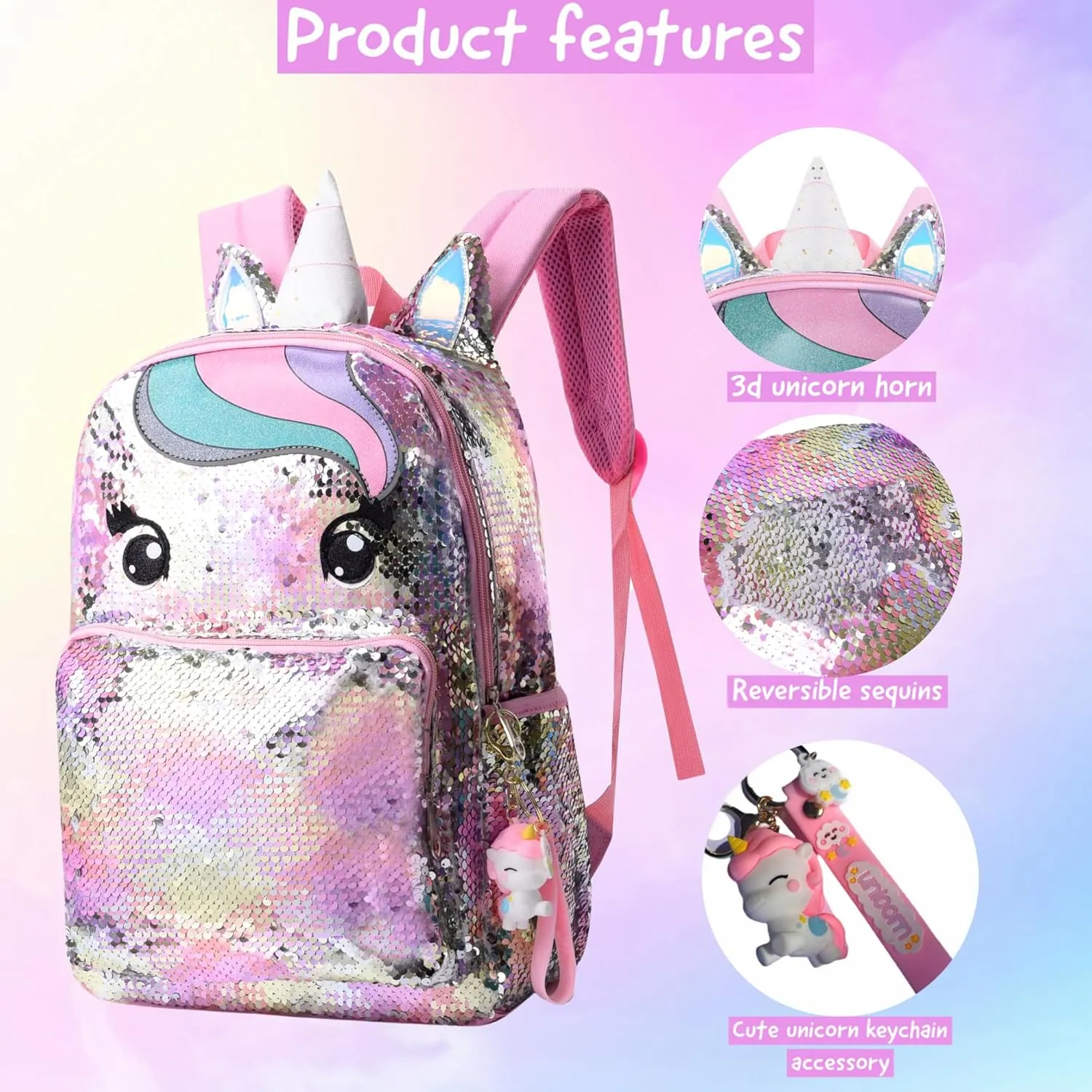 Kids Enchanting Unicorn Flip Sequin Backpack for Little Girls Age 6-8-9-10 Years Old- Sparkling Glitter Fashion Book Bag for School, Travel, Birthday (Rainbow Unicorn)