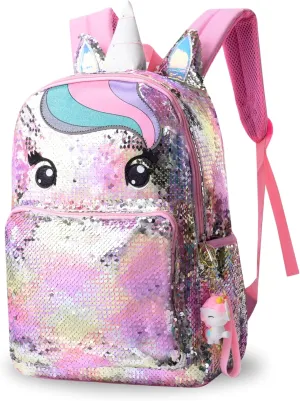 Kids Enchanting Unicorn Flip Sequin Backpack for Little Girls Age 6-8-9-10 Years Old- Sparkling Glitter Fashion Book Bag for School, Travel, Birthday (Rainbow Unicorn)