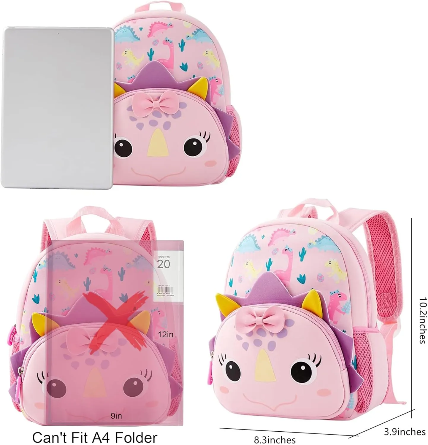 KK CRAFTS Preschool Backpack Toddler Neoprene Animal Schoolbag Lunch backpack for Kids Boys Girls(Dinosaur Girl)