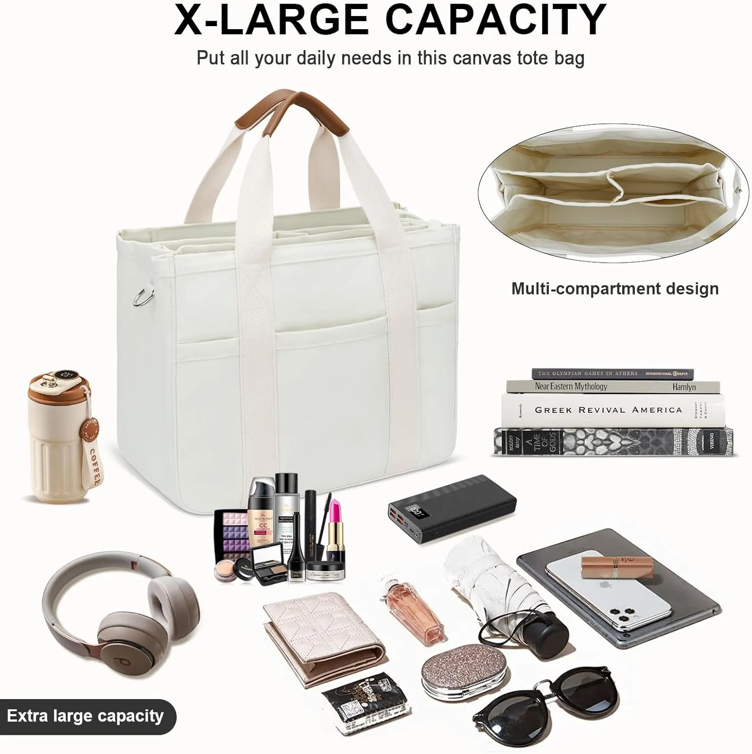 KKXIU Canvas Tote Bag for Women with Zipper and Compartments Crossbody Large Bible Messenger Purse Bag With Pockets