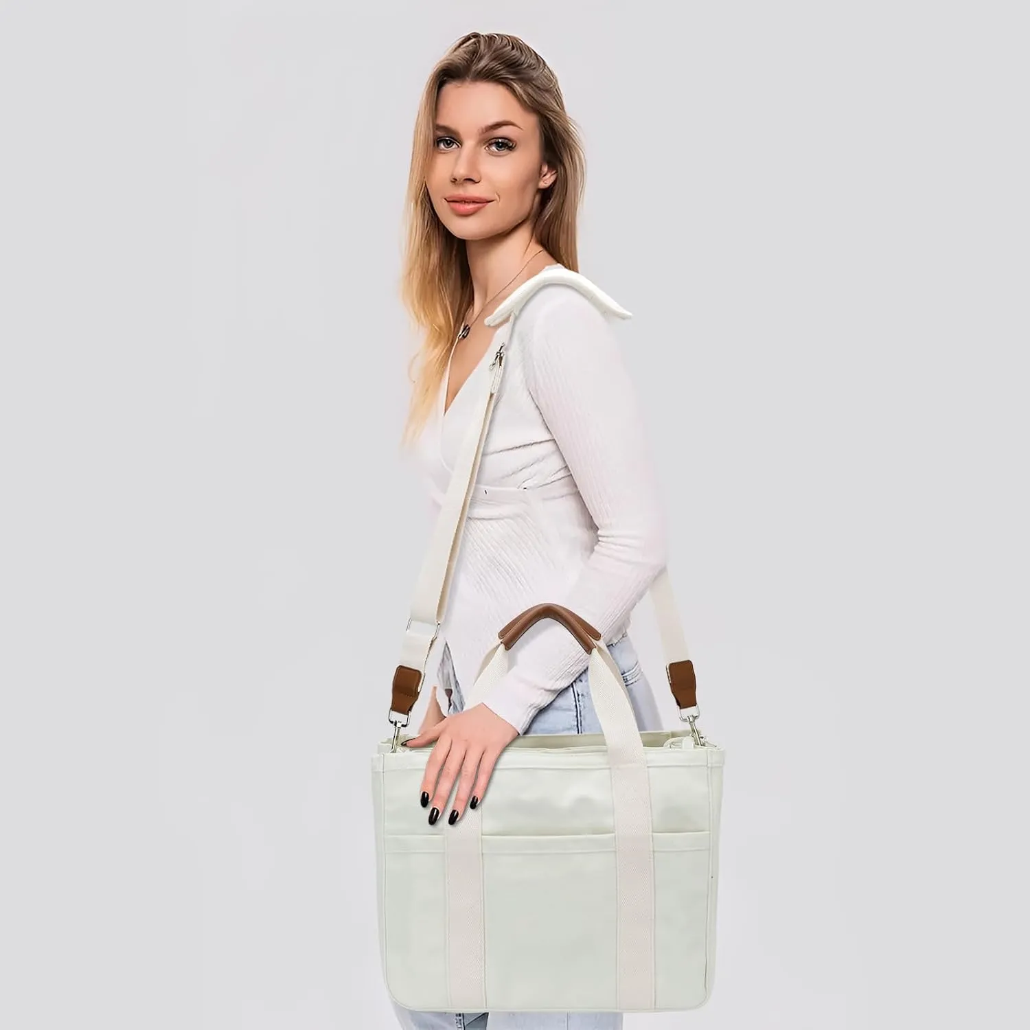 KKXIU Canvas Tote Bag for Women with Zipper and Compartments Crossbody Large Bible Messenger Purse Bag With Pockets