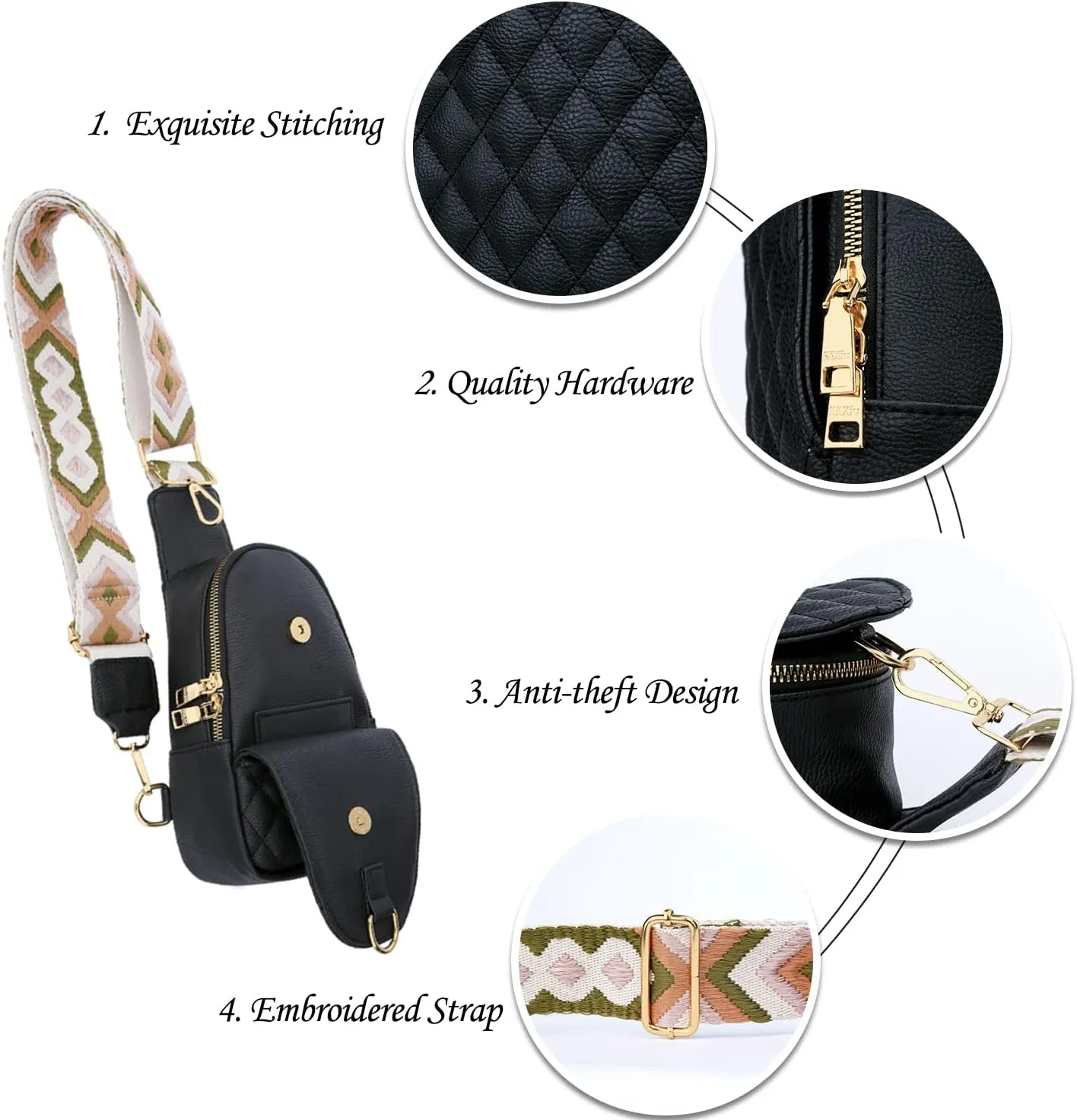 KKXIU Fashion Small Sling Bag for Women Leather Fanny Packs Chest Crossbody Cell Phone Bag Shoulder Travel Purse Gifts for Teenager (A-Black)