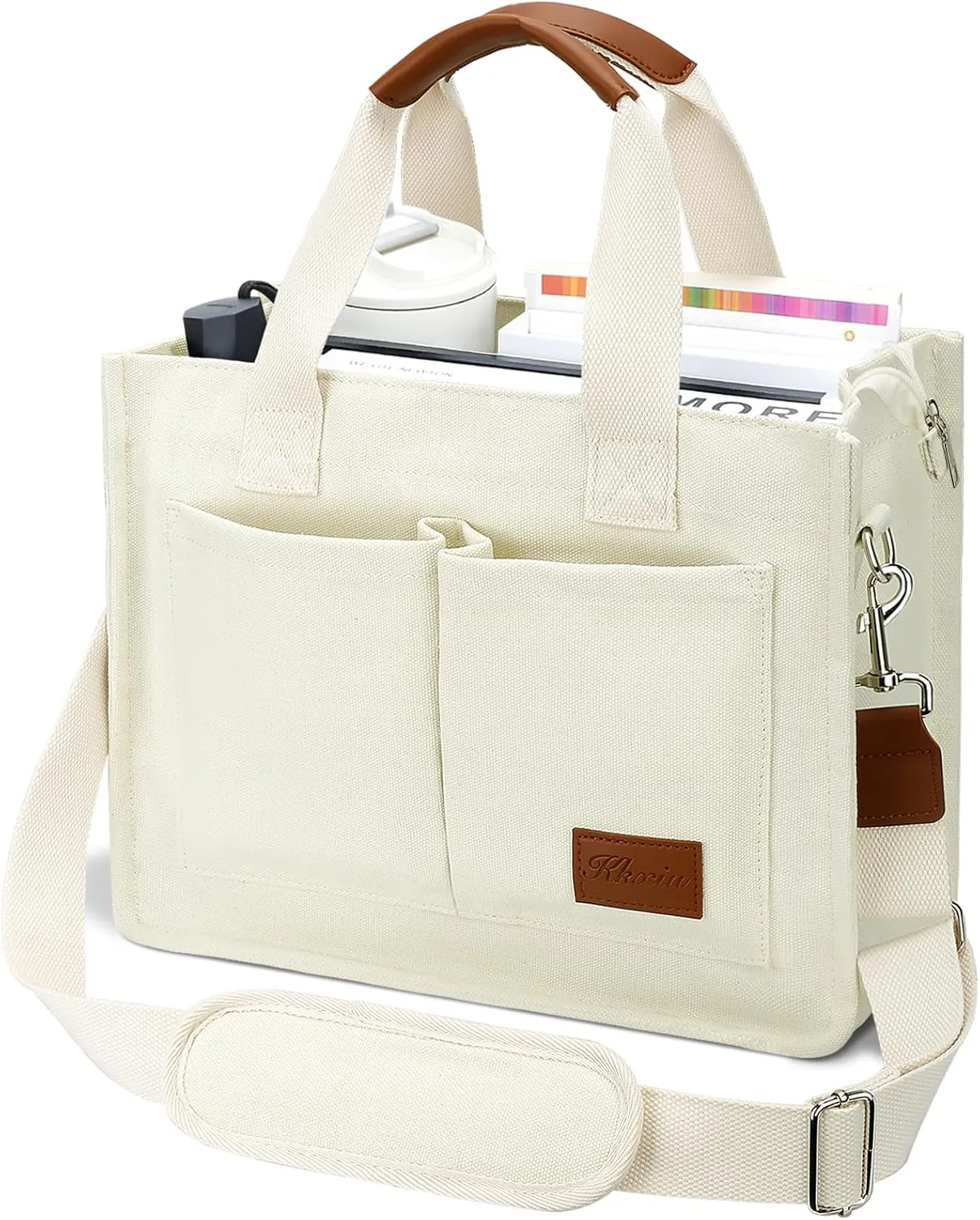 KKXIU Large Canvas Tote Bag for Women with Zipper and Compartments Crossbody Work Bible Messenger Purse Bag With Pockets
