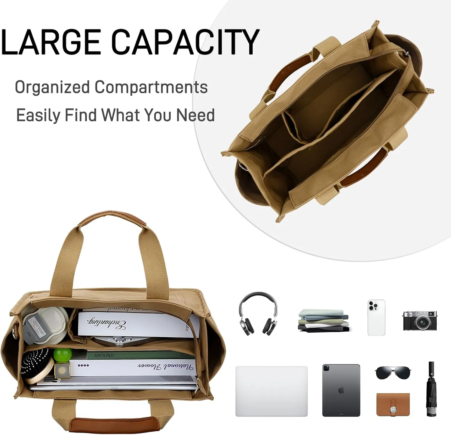KKXIU Large Canvas Tote Bag for Women with Zipper and Compartments Crossbody Work Bible Messenger Purse Bag With Pockets