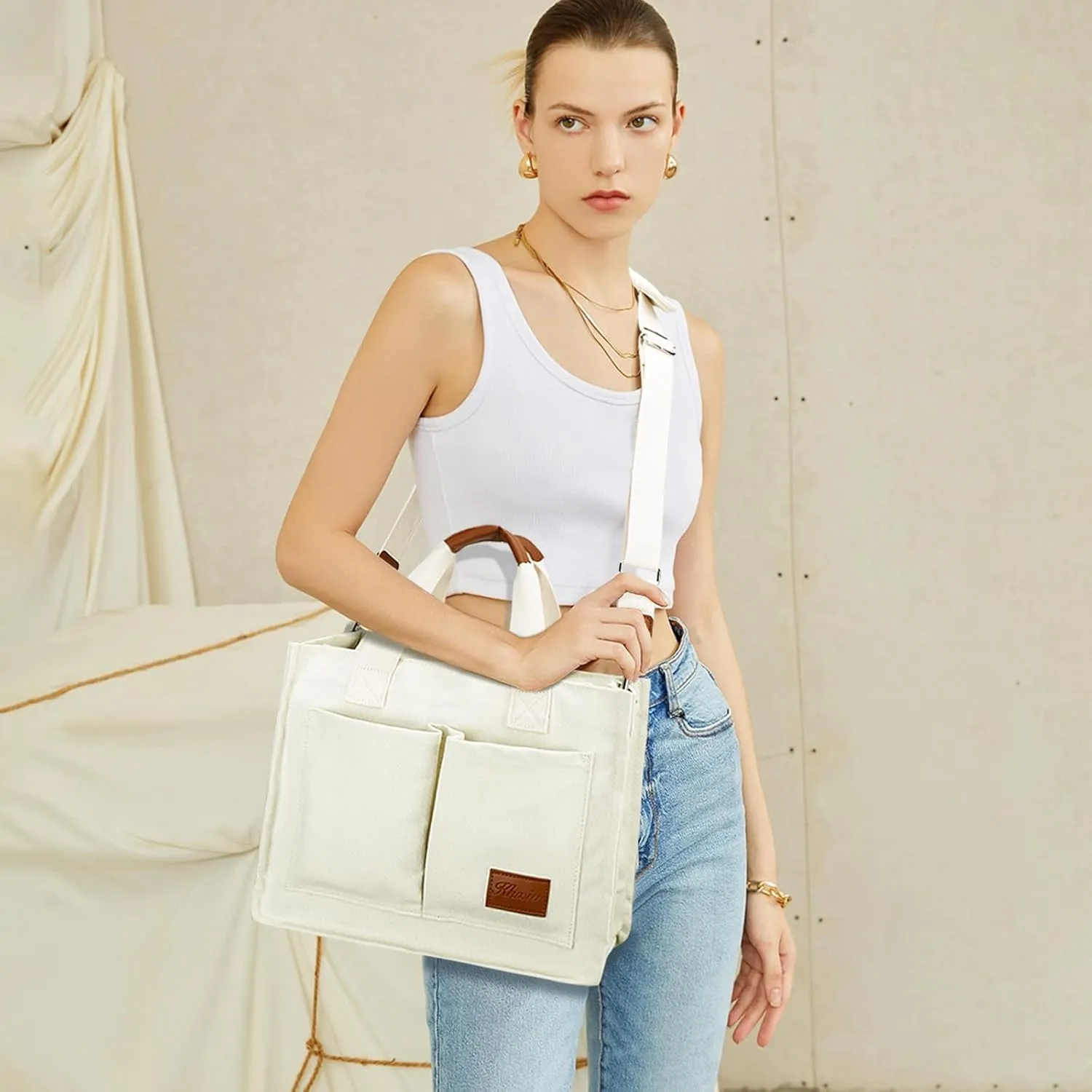 KKXIU Large Canvas Tote Bag for Women with Zipper and Compartments Crossbody Work Bible Messenger Purse Bag With Pockets