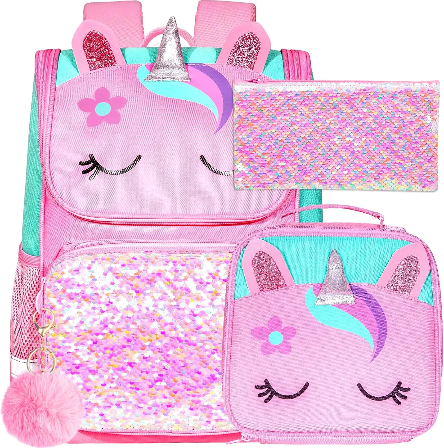 KLFVB 3PCS Backpack for Girls and Boys, 15" Unicorn Dinosaur Bookbag with Lunch Box, Kids Preschool School bag