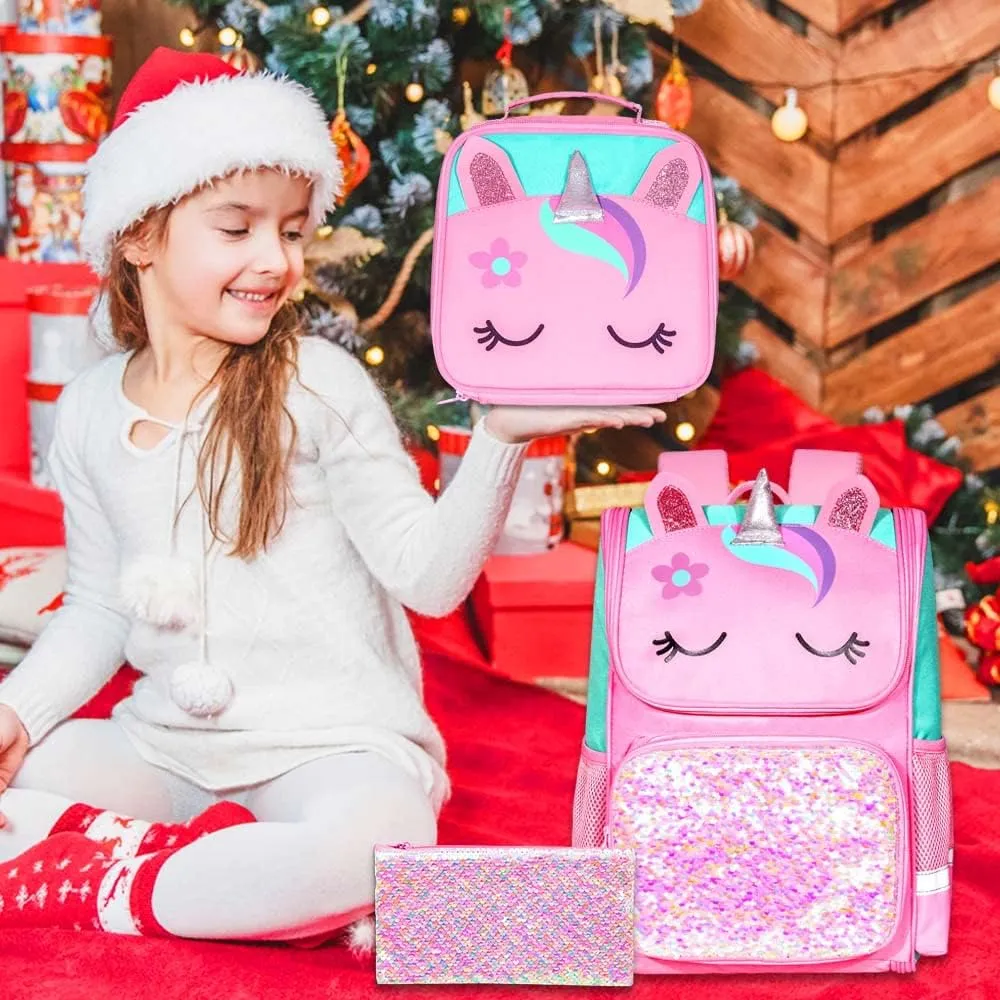 KLFVB 3PCS Backpack for Girls and Boys, 15" Unicorn Dinosaur Bookbag with Lunch Box, Kids Preschool School bag