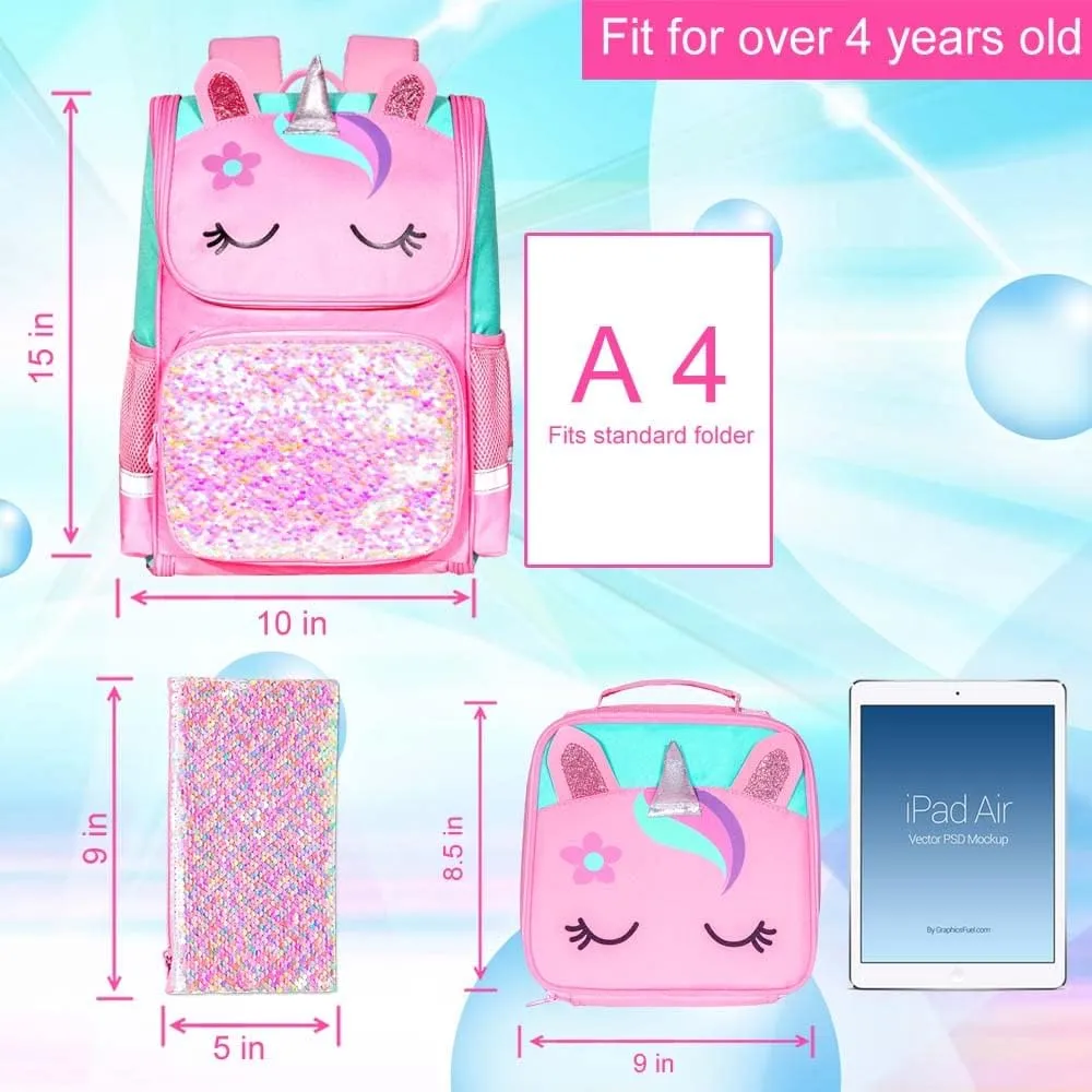 KLFVB 3PCS Backpack for Girls and Boys, 15" Unicorn Dinosaur Bookbag with Lunch Box, Kids Preschool School bag