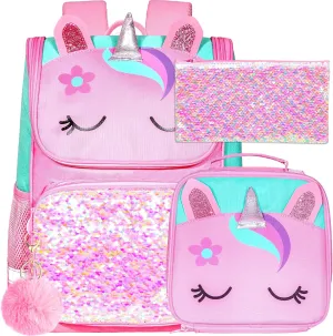 KLFVB 3PCS Backpack for Girls and Boys, 15" Unicorn Dinosaur Bookbag with Lunch Box, Kids Preschool School bag