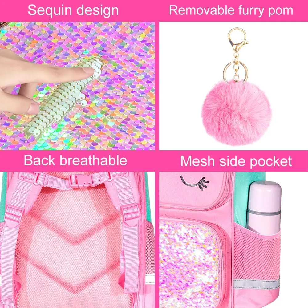 KLFVB 3PCS Backpack for Girls and Boys, 15" Unicorn Dinosaur Bookbag with Lunch Box, Kids Preschool School bag