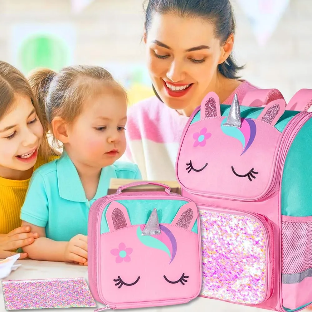 KLFVB 3PCS Backpack for Girls and Boys, 15" Unicorn Dinosaur Bookbag with Lunch Box, Kids Preschool School bag