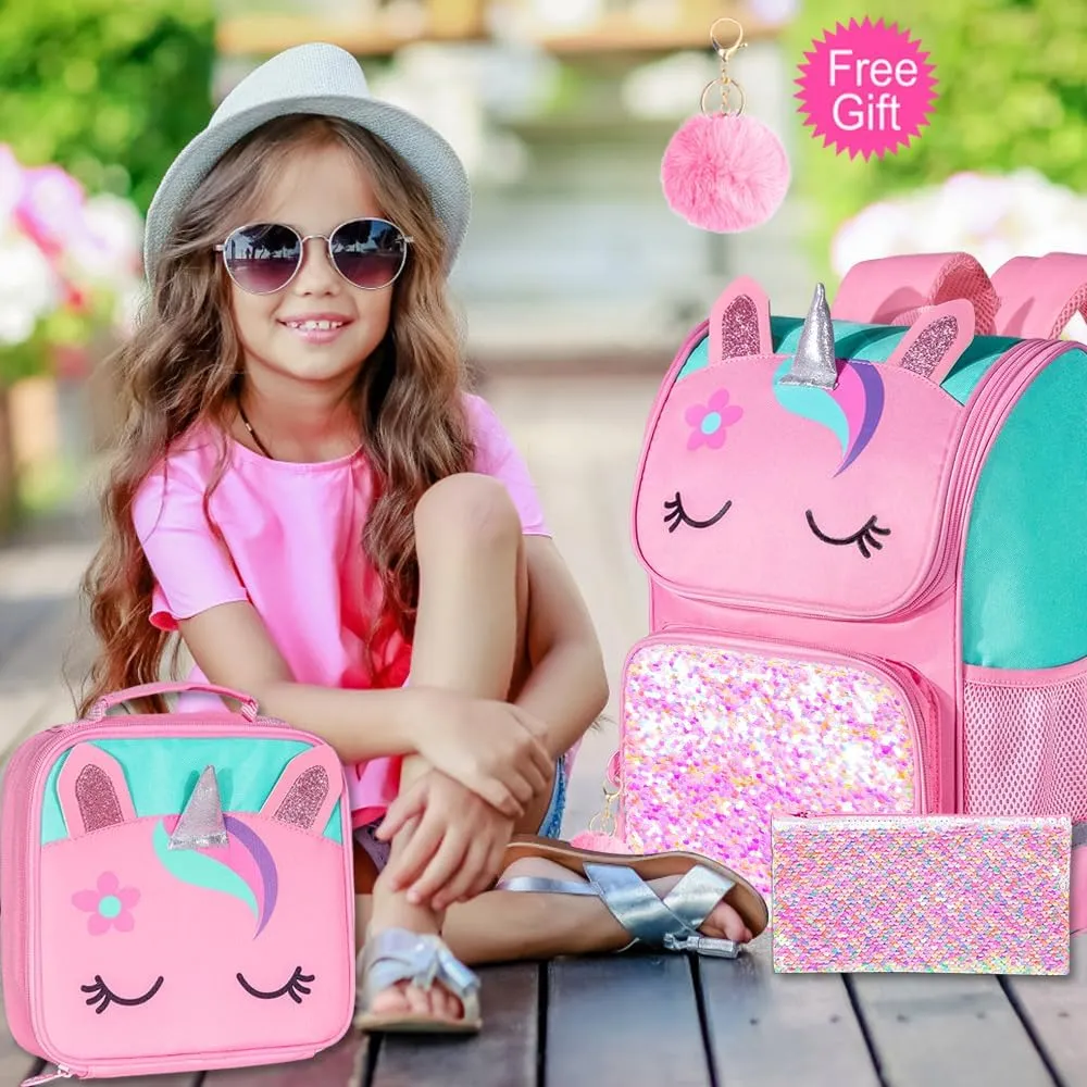 KLFVB 3PCS Backpack for Girls and Boys, 15" Unicorn Dinosaur Bookbag with Lunch Box, Kids Preschool School bag