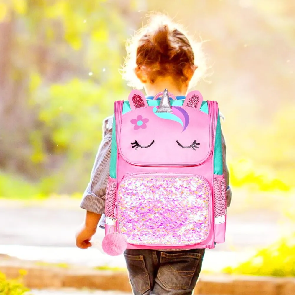 KLFVB 3PCS Backpack for Girls and Boys, 15" Unicorn Dinosaur Bookbag with Lunch Box, Kids Preschool School bag