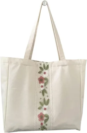 Komociya Floral Canvas Tote Bag for Women Vintage Handbag Shoulder Bag for Travel Grocery Shopping Work