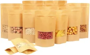 Kraft Paper Bags With Frosted Window And Zip Lock Decorative Heavy Duty Heat Seal Recycled Resealable Mylar Stand Up Pouches Bags Sealable For DIY Food Snack Cookies Candy Coffee Popcorn (7x10 4inch)