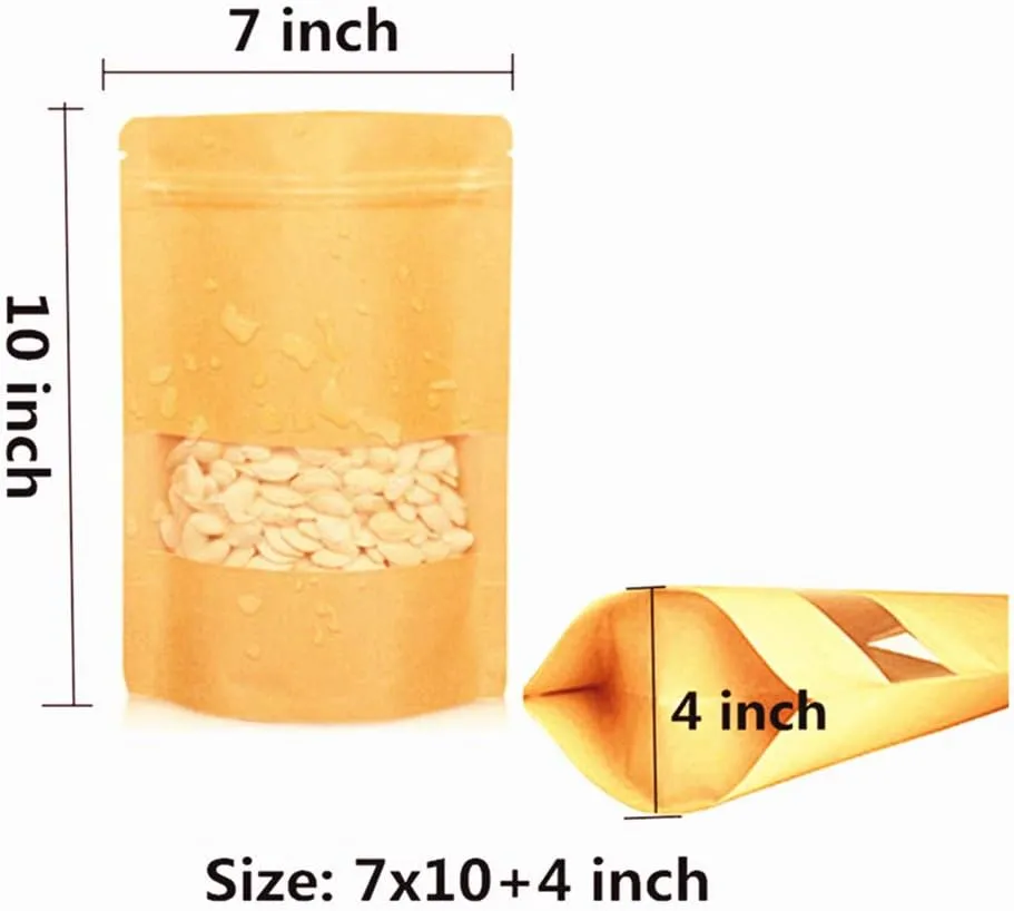 Kraft Paper Bags With Frosted Window And Zip Lock Decorative Heavy Duty Heat Seal Recycled Resealable Mylar Stand Up Pouches Bags Sealable For DIY Food Snack Cookies Candy Coffee Popcorn (7x10 4inch)