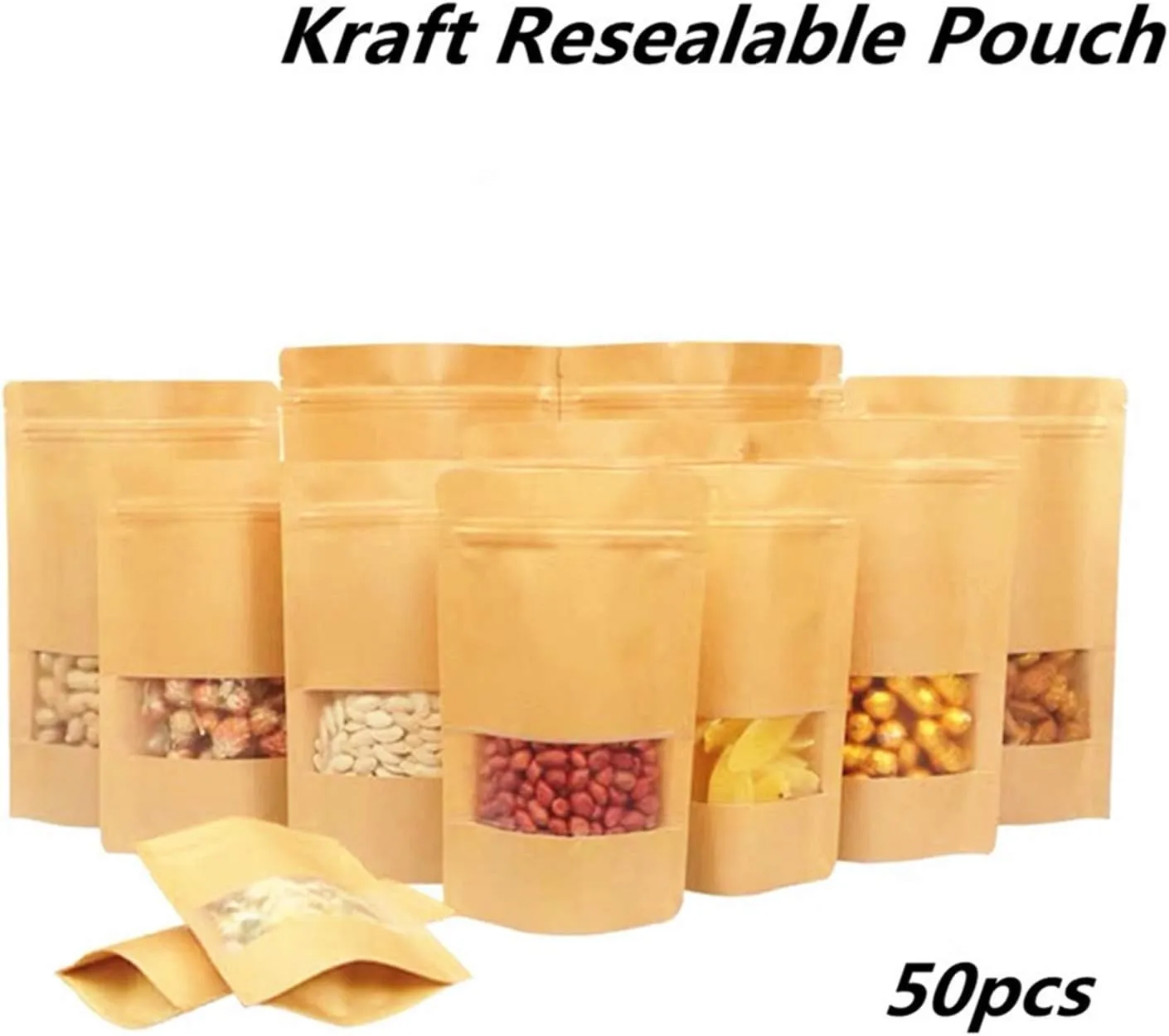 Kraft Paper Bags With Frosted Window And Zip Lock Decorative Heavy Duty Heat Seal Recycled Resealable Mylar Stand Up Pouches Bags Sealable For DIY Food Snack Cookies Candy Coffee Popcorn (7x10 4inch)