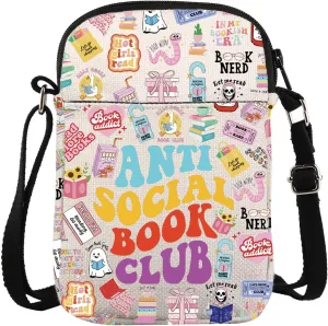 KUIYAI Anti Social Book Club Crossbody Bag Book Reader Bag Introvert Book Gift Funny Sarcastic Gift Bookish Bibliophile Gift