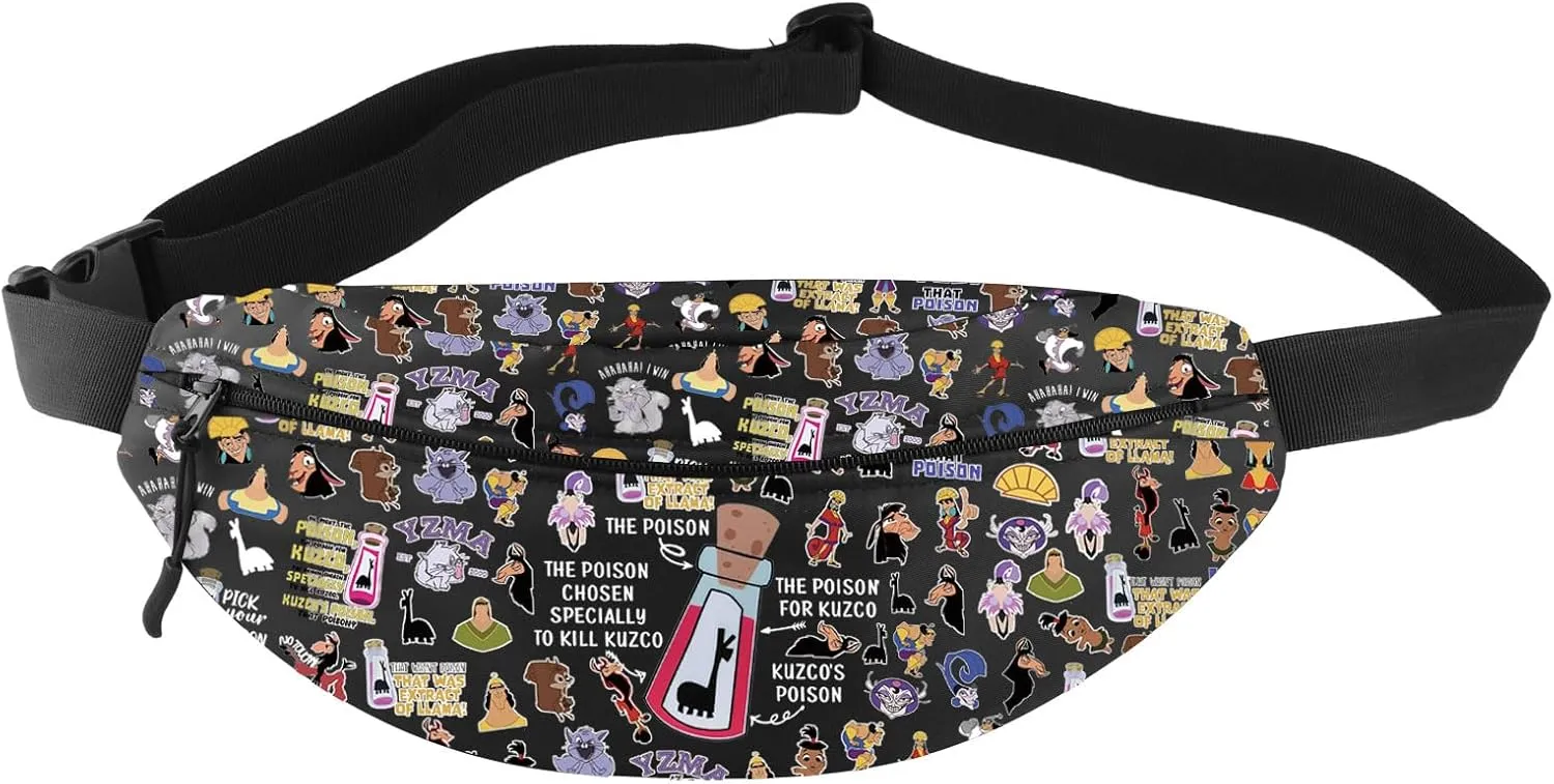 Kuzco Cartoon Inspiration Belt Bag Poison Kuzco Waist Pack Llama Sack Emperors Gift Yzma Crossbody Purse Bag For Fans (KuzcoWaist-Blk)