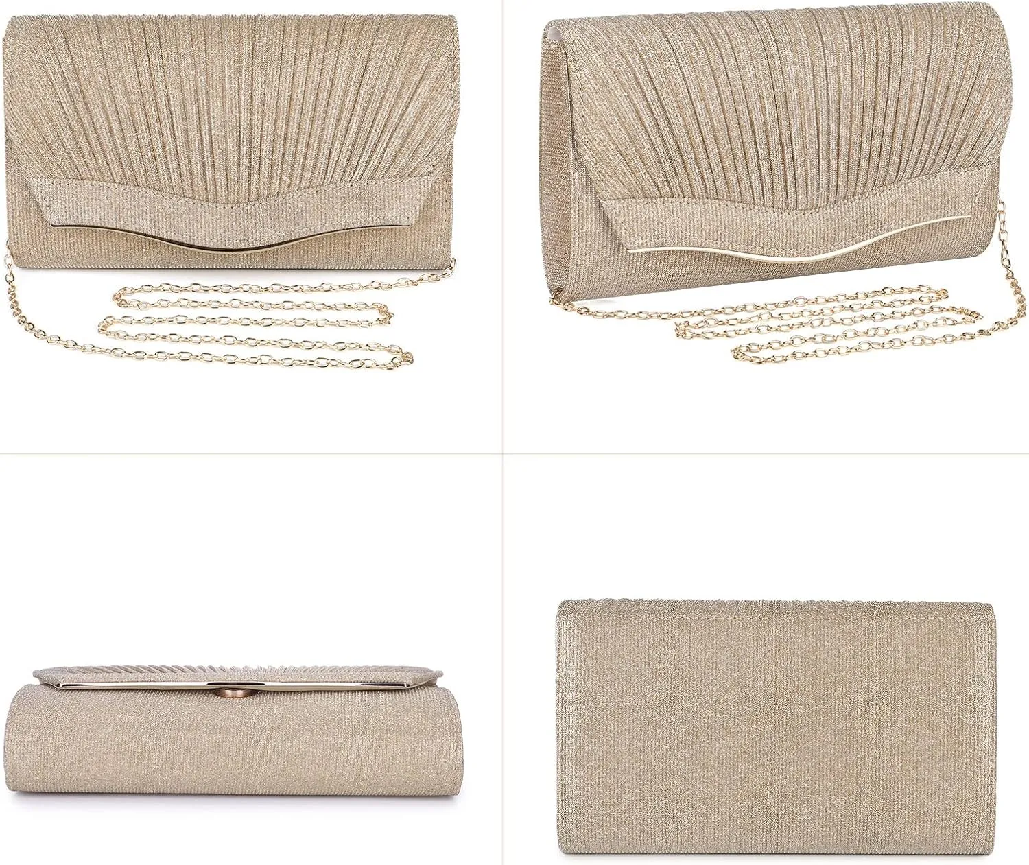 Ladies Pleated Evening Clutches Glitter Envelope Handbag Elegant Small Shoulder Bag for Wedding Party Prom Bridal