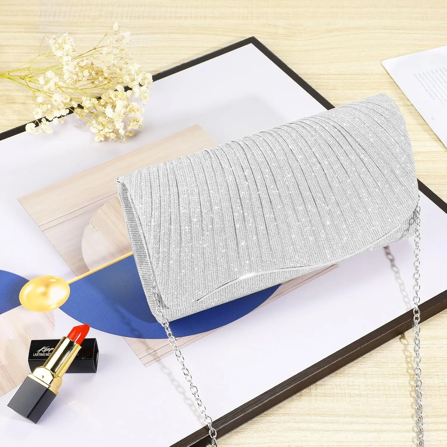 Ladies Pleated Evening Clutches Glitter Envelope Handbag Elegant Small Shoulder Bag for Wedding Party Prom Bridal