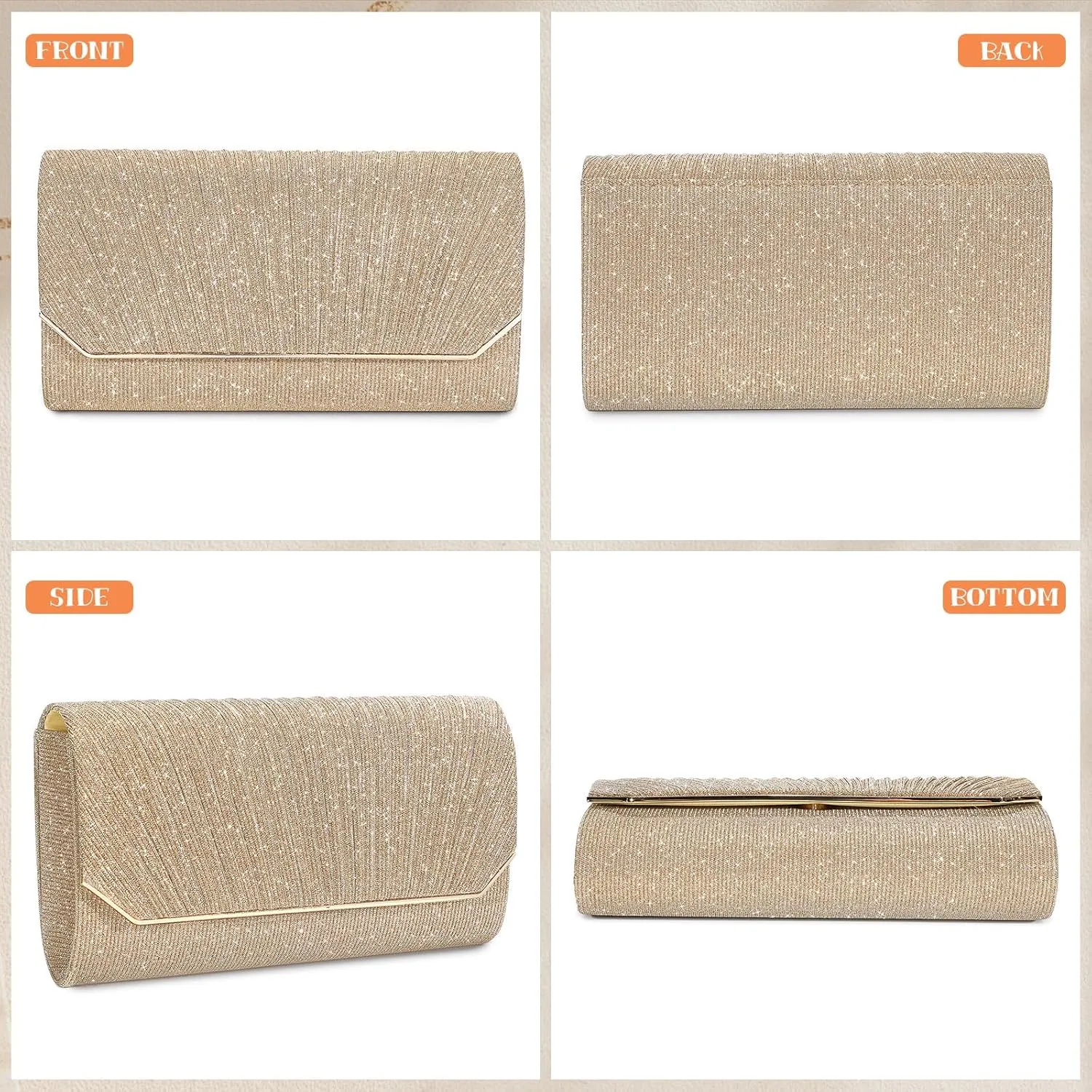 Ladies Pleated Evening Clutches Glitter Envelope Handbag Elegant Small Shoulder Bag for Wedding Party Prom Bridal