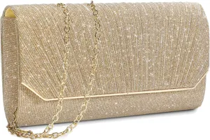 Ladies Pleated Evening Clutches Glitter Envelope Handbag Elegant Small Shoulder Bag for Wedding Party Prom Bridal