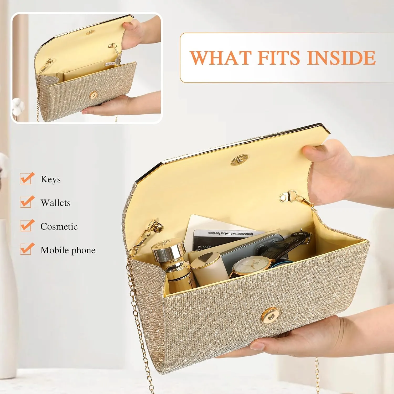 Ladies Pleated Evening Clutches Glitter Envelope Handbag Elegant Small Shoulder Bag for Wedding Party Prom Bridal