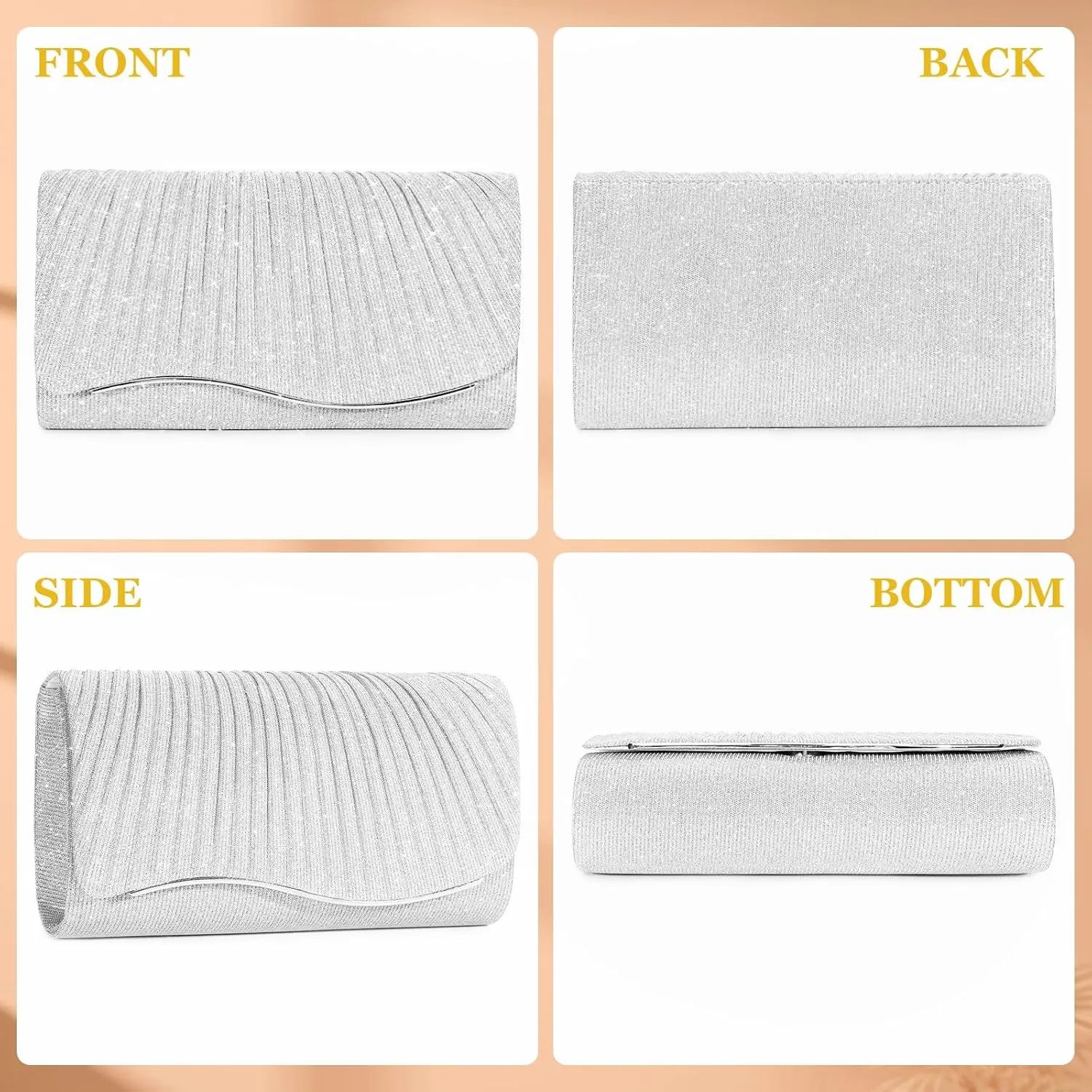 Ladies Pleated Evening Clutches Glitter Envelope Handbag Elegant Small Shoulder Bag for Wedding Party Prom Bridal