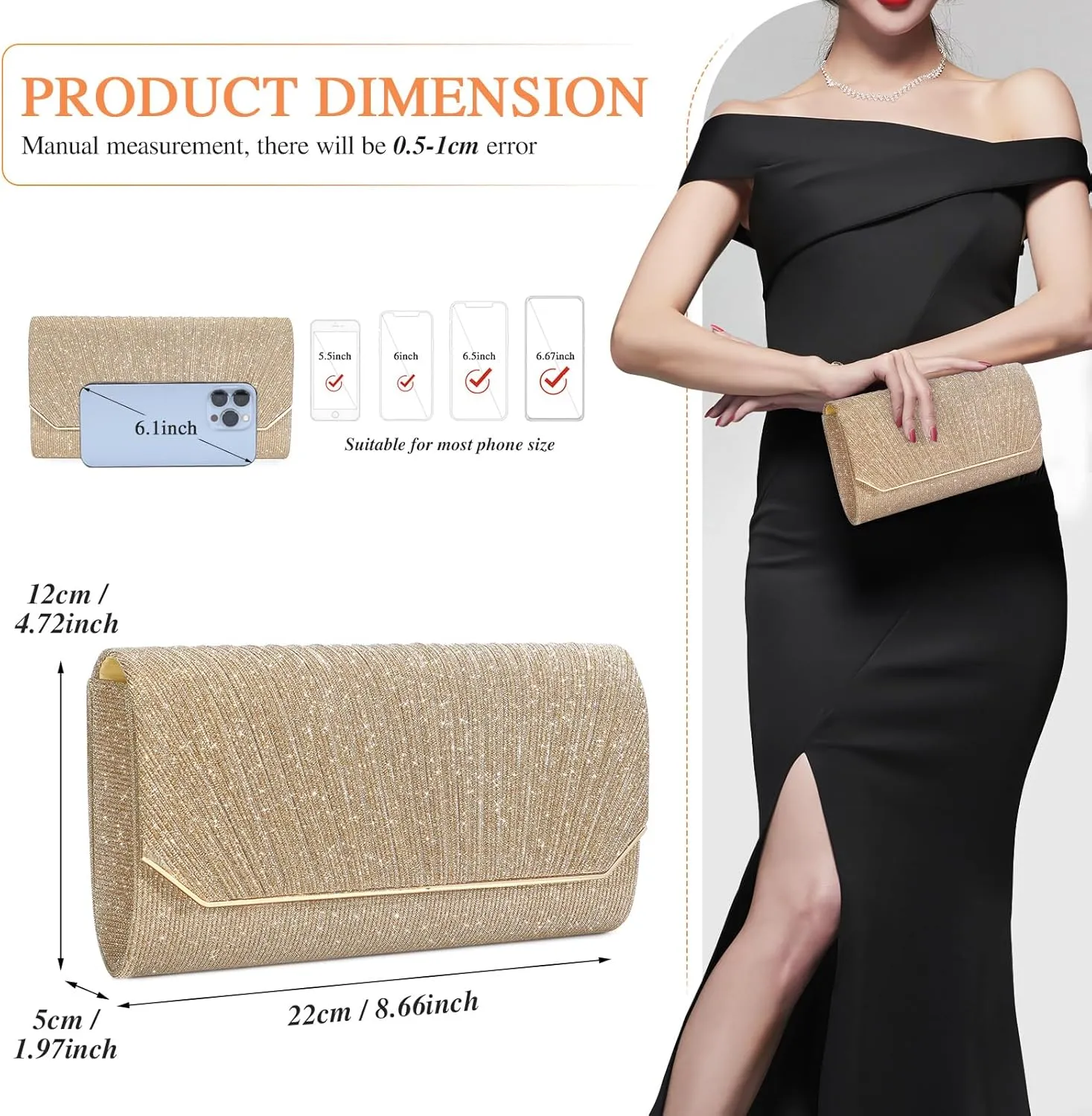 Ladies Pleated Evening Clutches Glitter Envelope Handbag Elegant Small Shoulder Bag for Wedding Party Prom Bridal