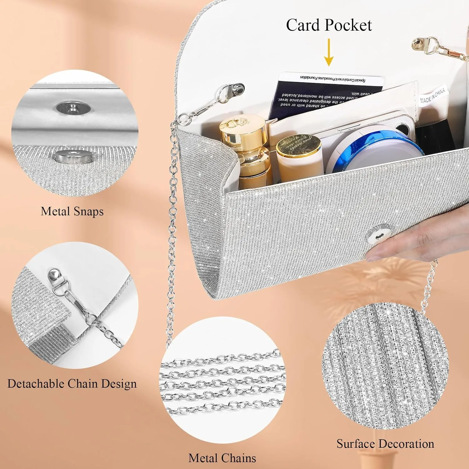 Ladies Pleated Evening Clutches Glitter Envelope Handbag Elegant Small Shoulder Bag for Wedding Party Prom Bridal