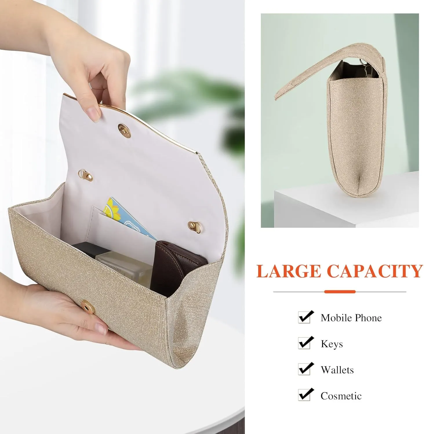 Ladies Pleated Evening Clutches Glitter Envelope Handbag Elegant Small Shoulder Bag for Wedding Party Prom Bridal