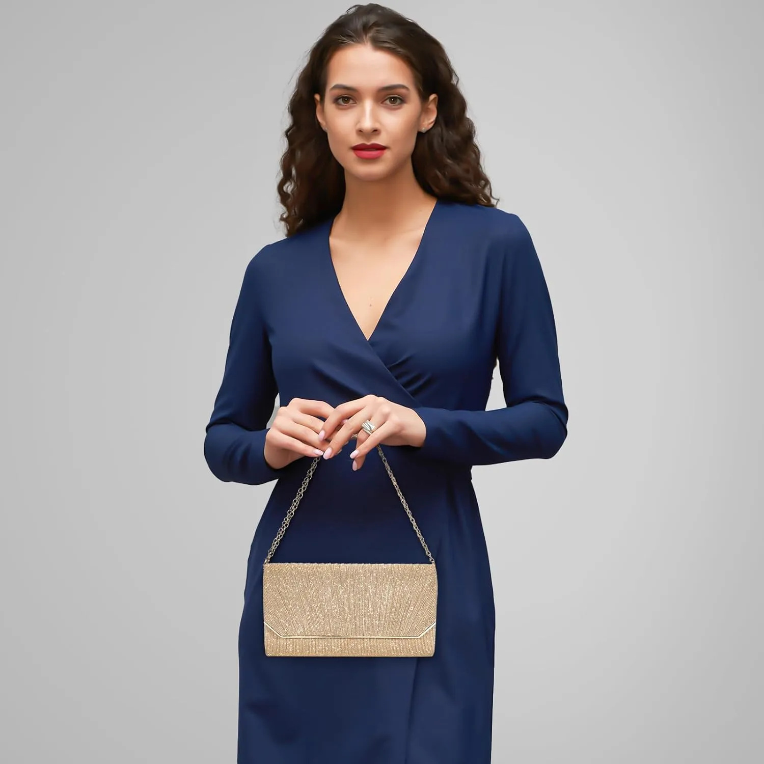 Ladies Pleated Evening Clutches Glitter Envelope Handbag Elegant Small Shoulder Bag for Wedding Party Prom Bridal