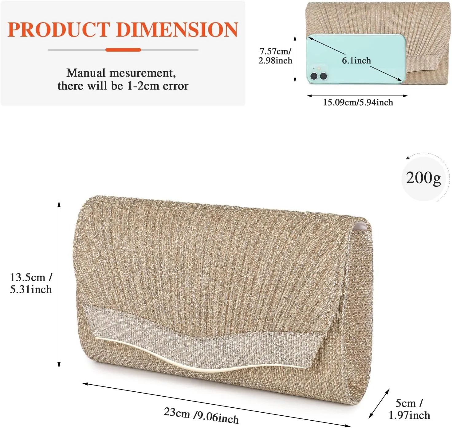 Ladies Pleated Evening Clutches Glitter Envelope Handbag Elegant Small Shoulder Bag for Wedding Party Prom Bridal